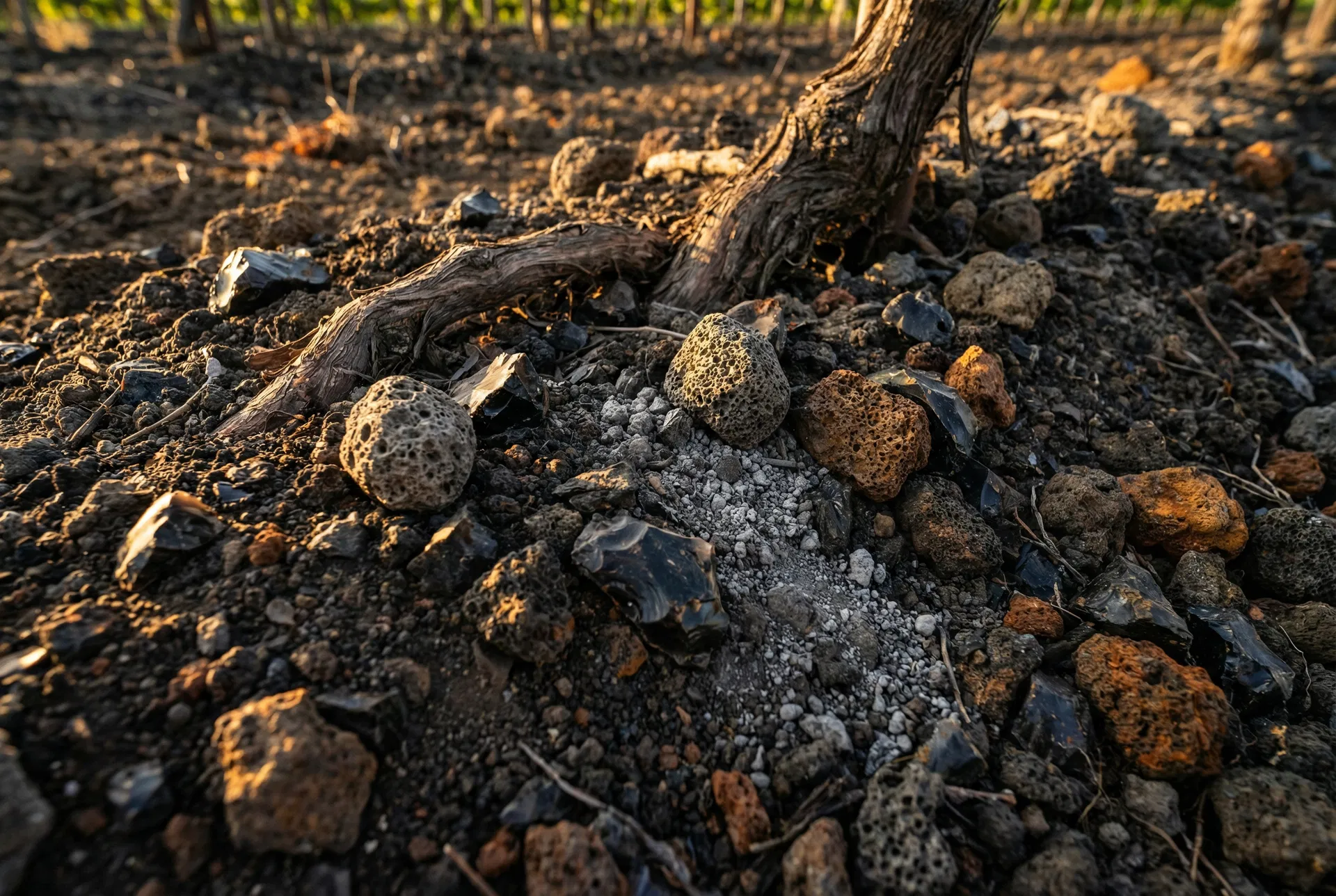 Volcanic soil in the Big Valley District AVA, Lake County, California — obsidian, pumice, and volcanic ash in the vineyard at Quercus Ranch