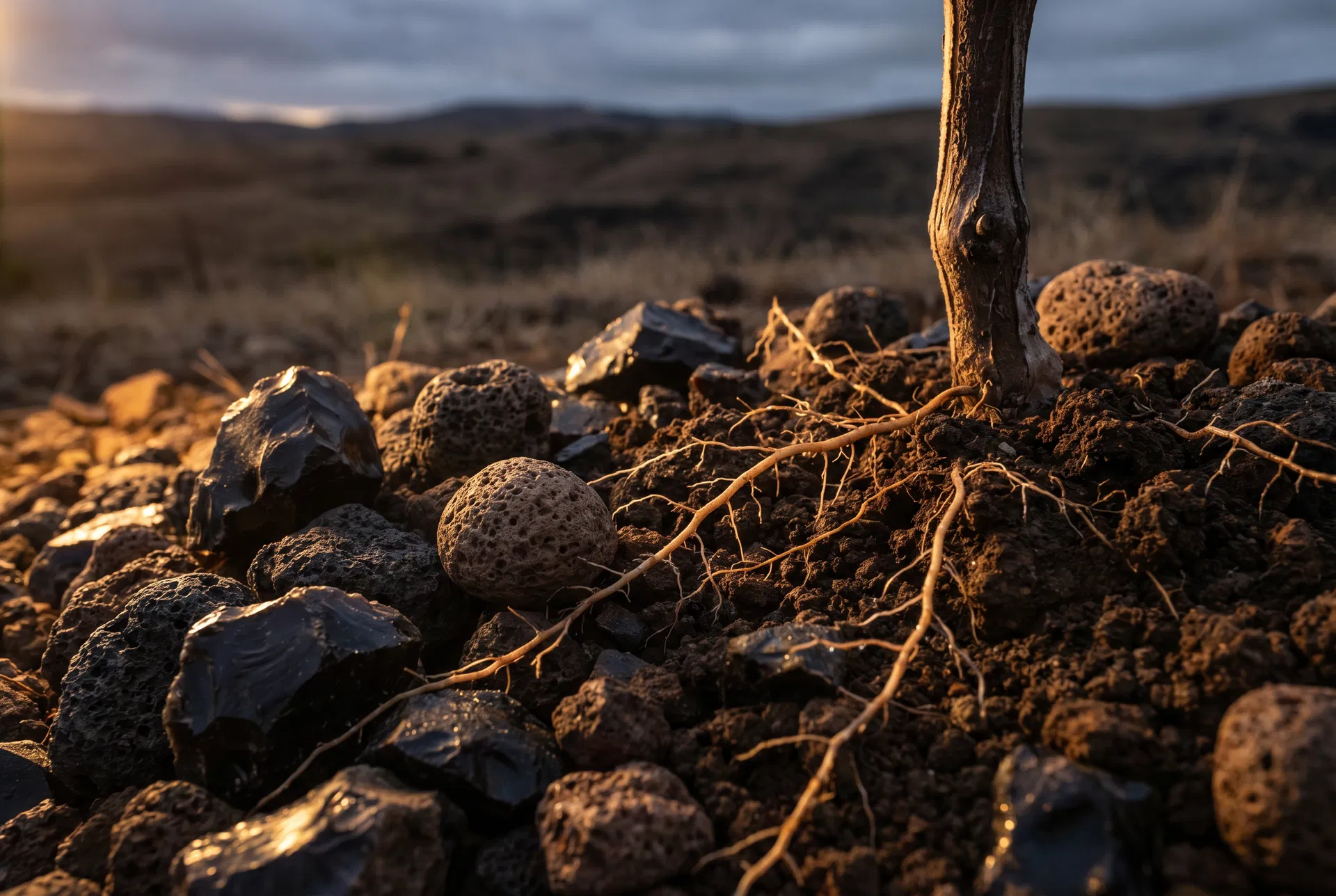 Volcanic basalt and obsidian soil with Sauvignon Blanc vine roots — Big Valley AVA, Lake County