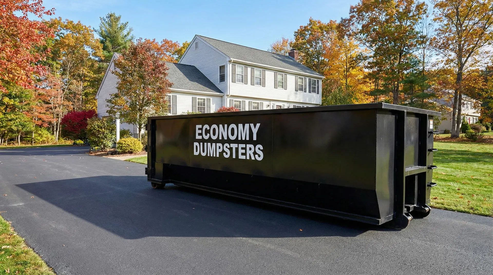 Economy Dumpsters 15-yard roll-off dumpster rental on a Rhode Island residential driveway