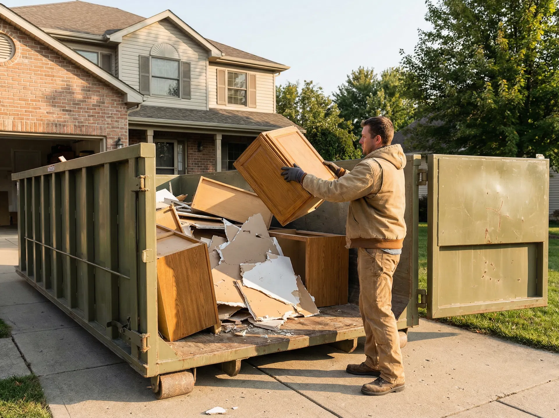 Homeowner loading renovation debris into 15-yard roll-off dumpster rental in Rhode Island
