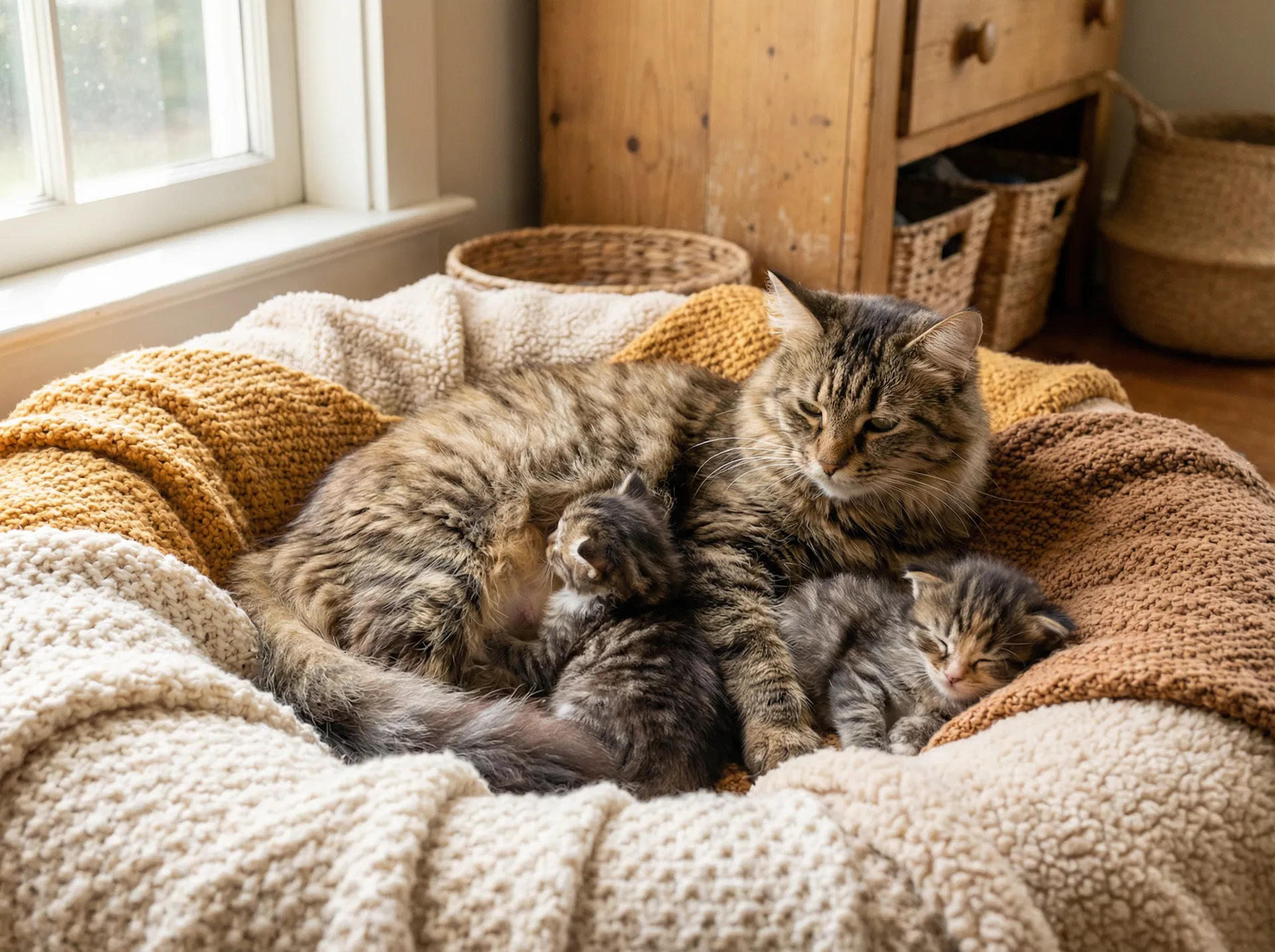 Maine Coon mother with newborn kittens at Cottonland Maine Coons