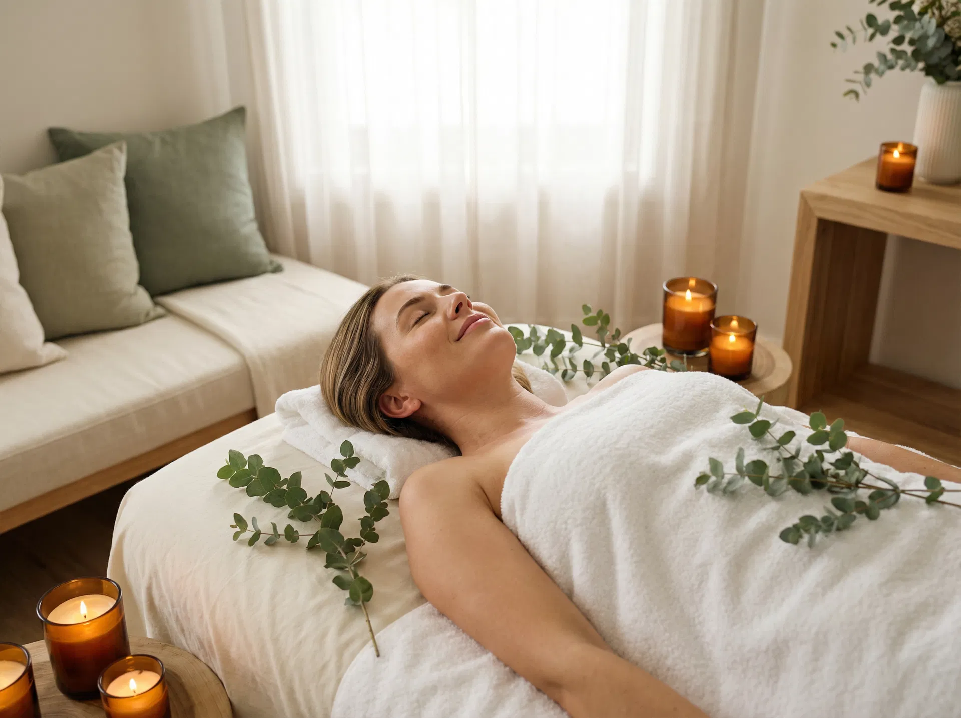 Mulher relaxada após sessão de massoterapia