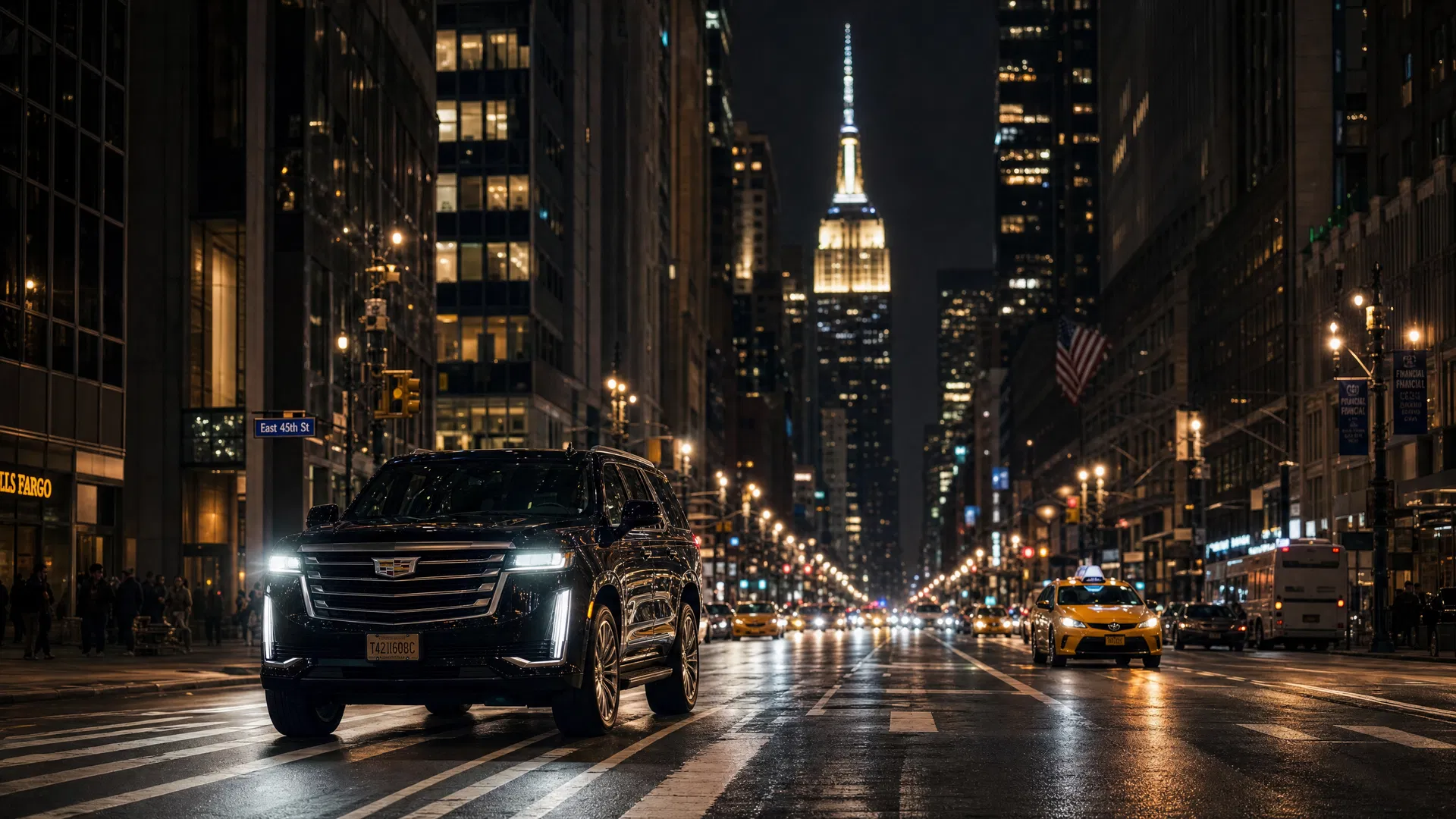 Luxury black SUV on Manhattan streets at night