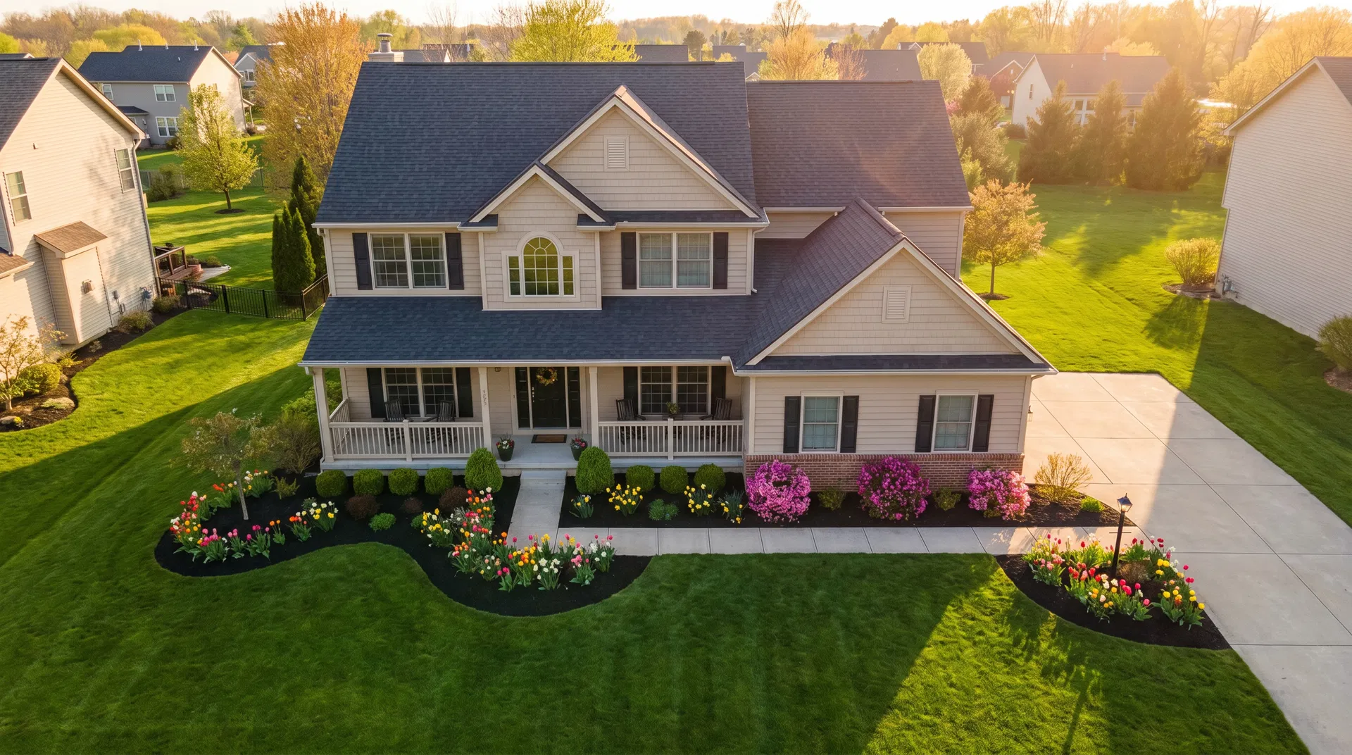 Beautiful home with manicured lawn