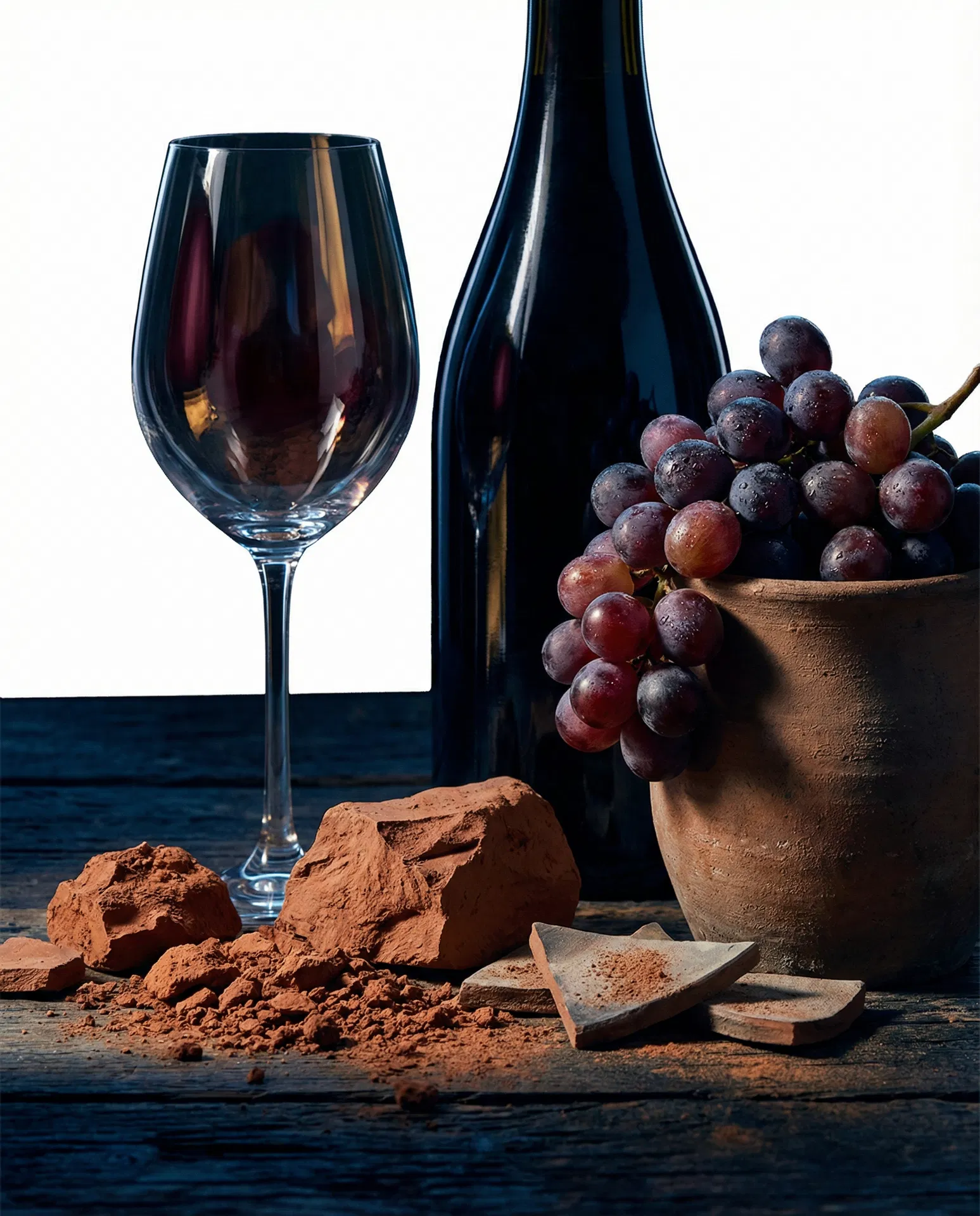 Composição conceitual com vinho, barro e uvas