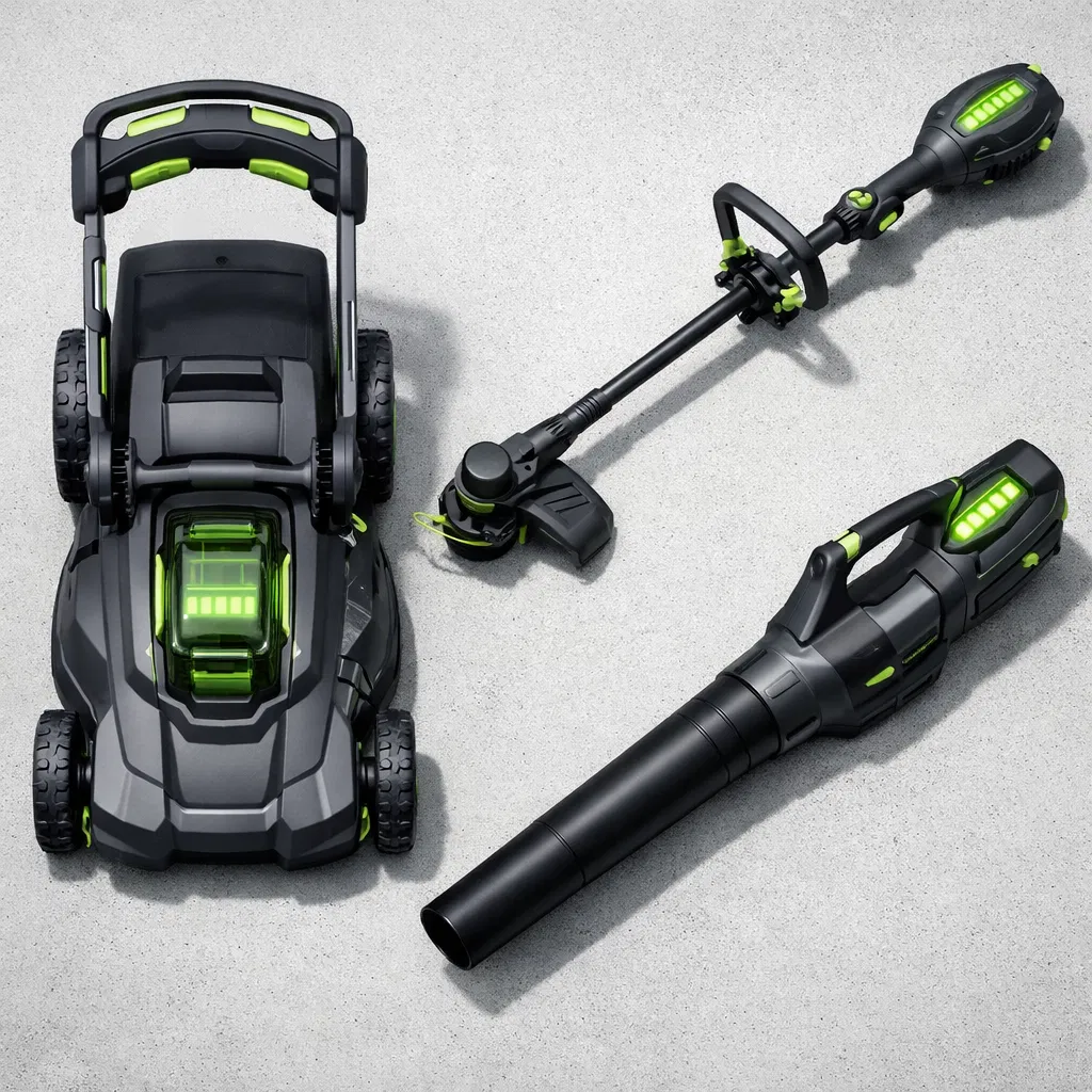 All-electric landscaping equipment — mower, trimmer, and blower