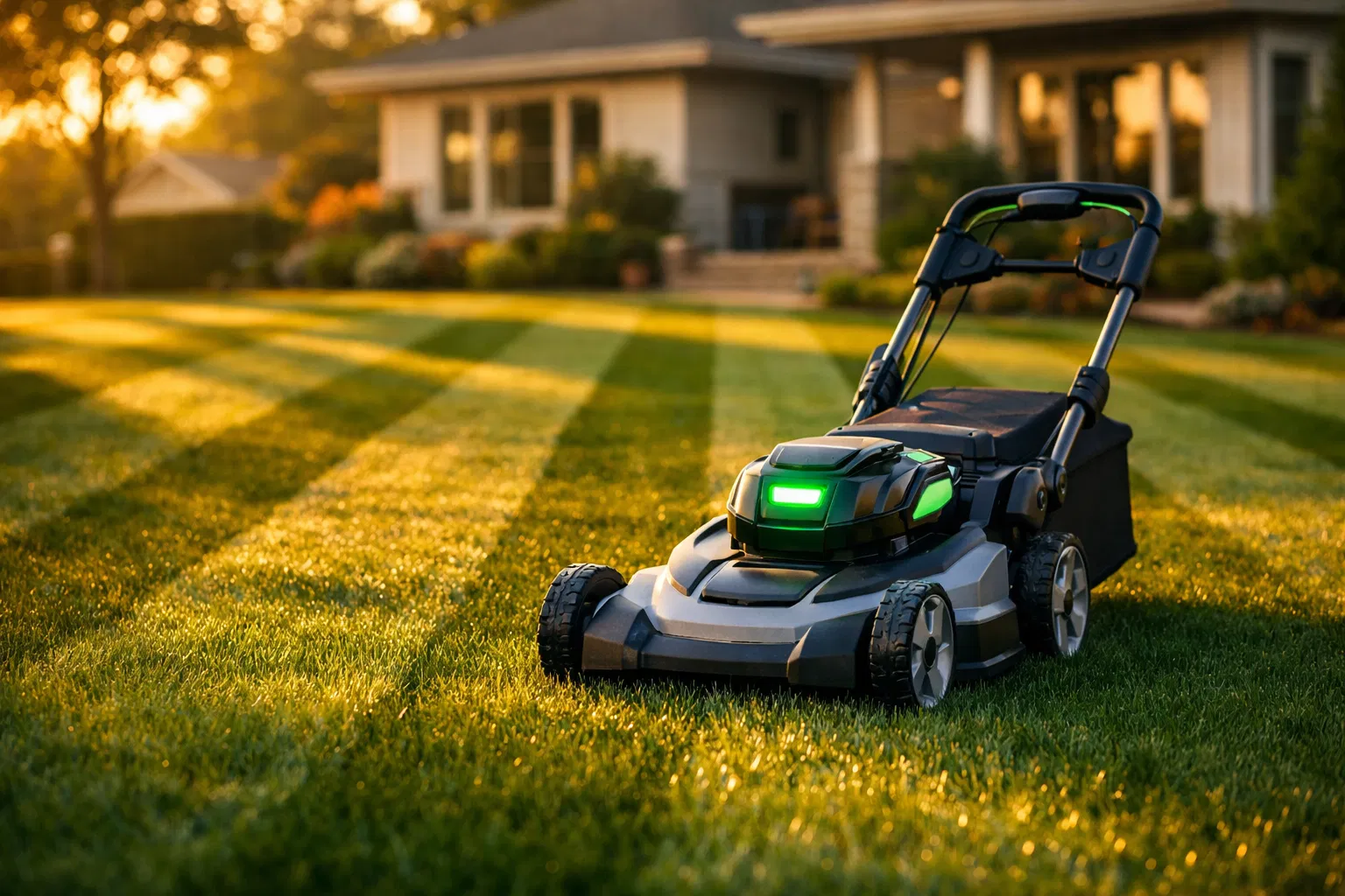 Electric lawn mower on a beautifully manicured lawn at golden hour