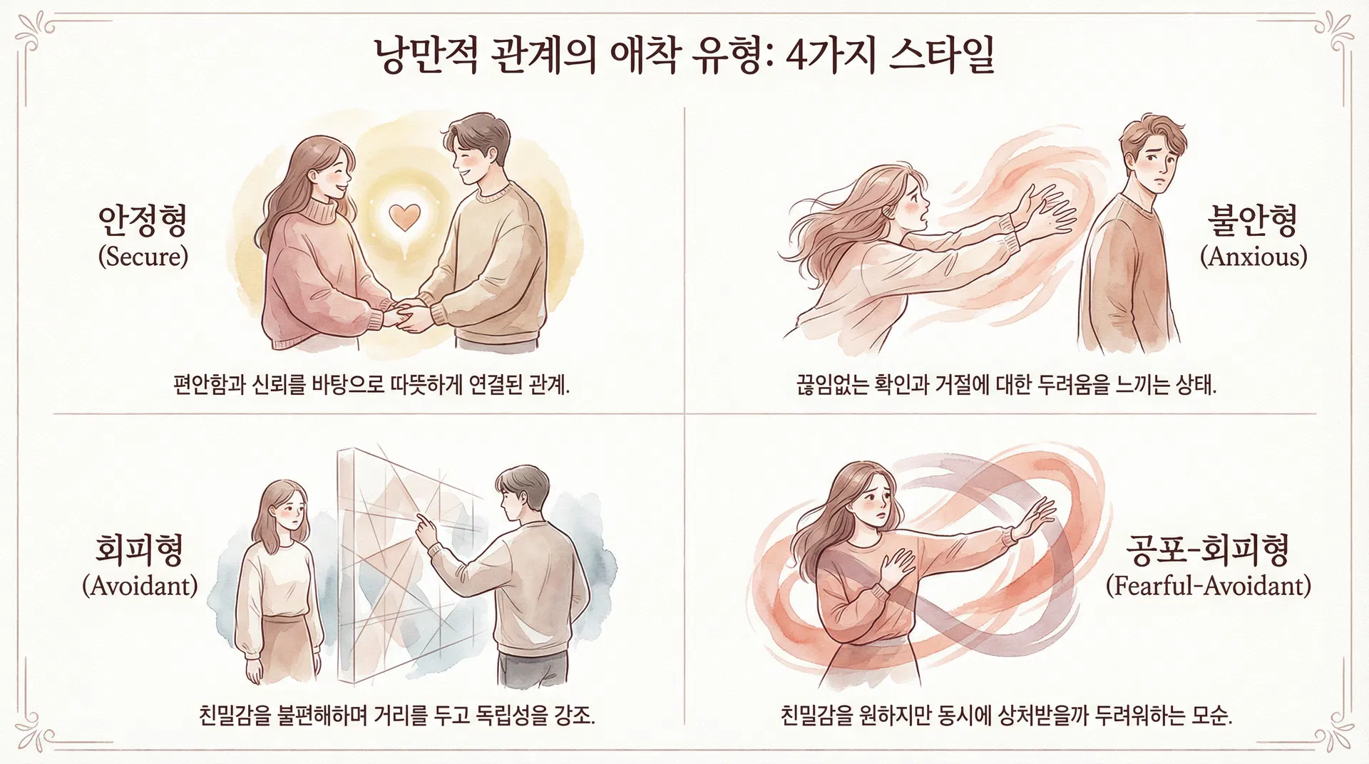 4가지 애착 유형 인포그래픽: 안정형, 불안형, 회피형, 혼란형의 특징을 시각적으로 비교한 일러스트