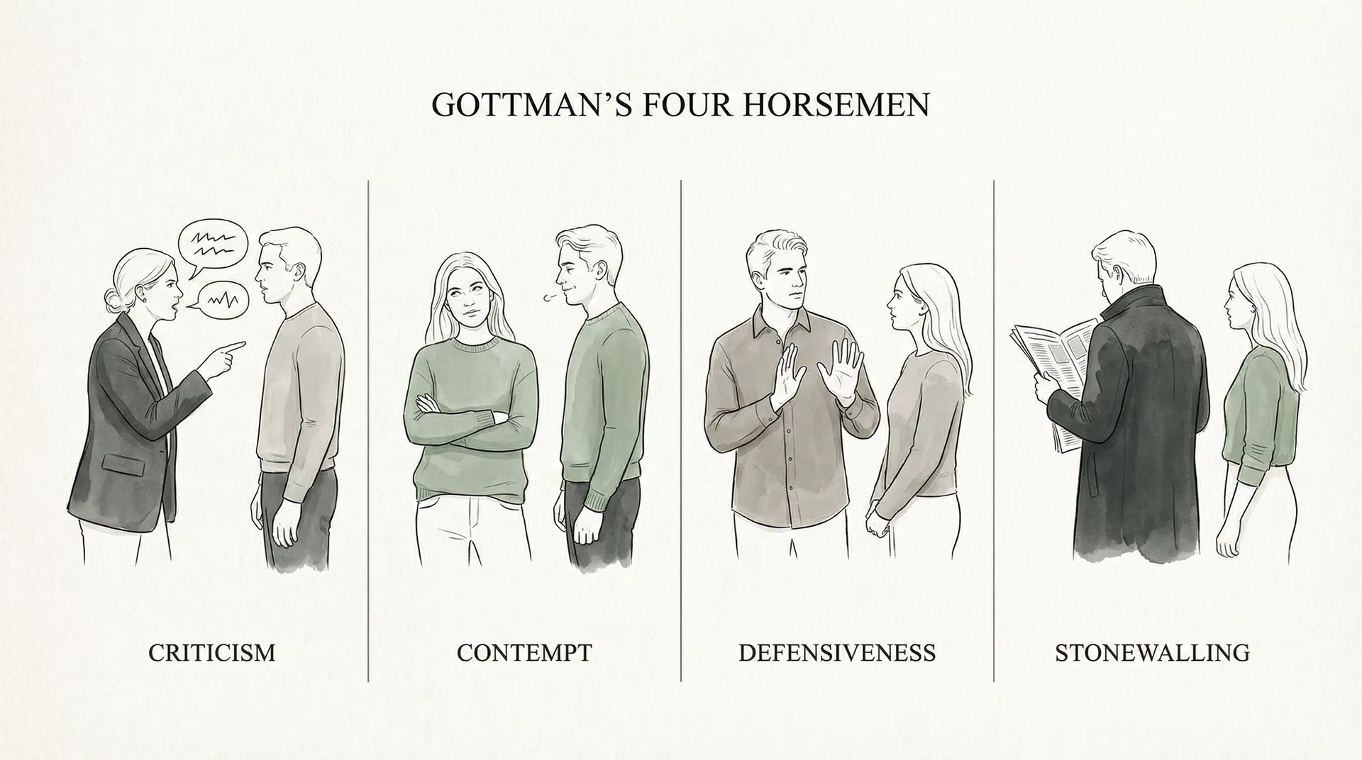 가트만 박사의 묵시록의 네 기사: 비난, 경멸, 방어, 담쌓기 4가지 커뮤니케이션 독소를 시각화한 일러스트