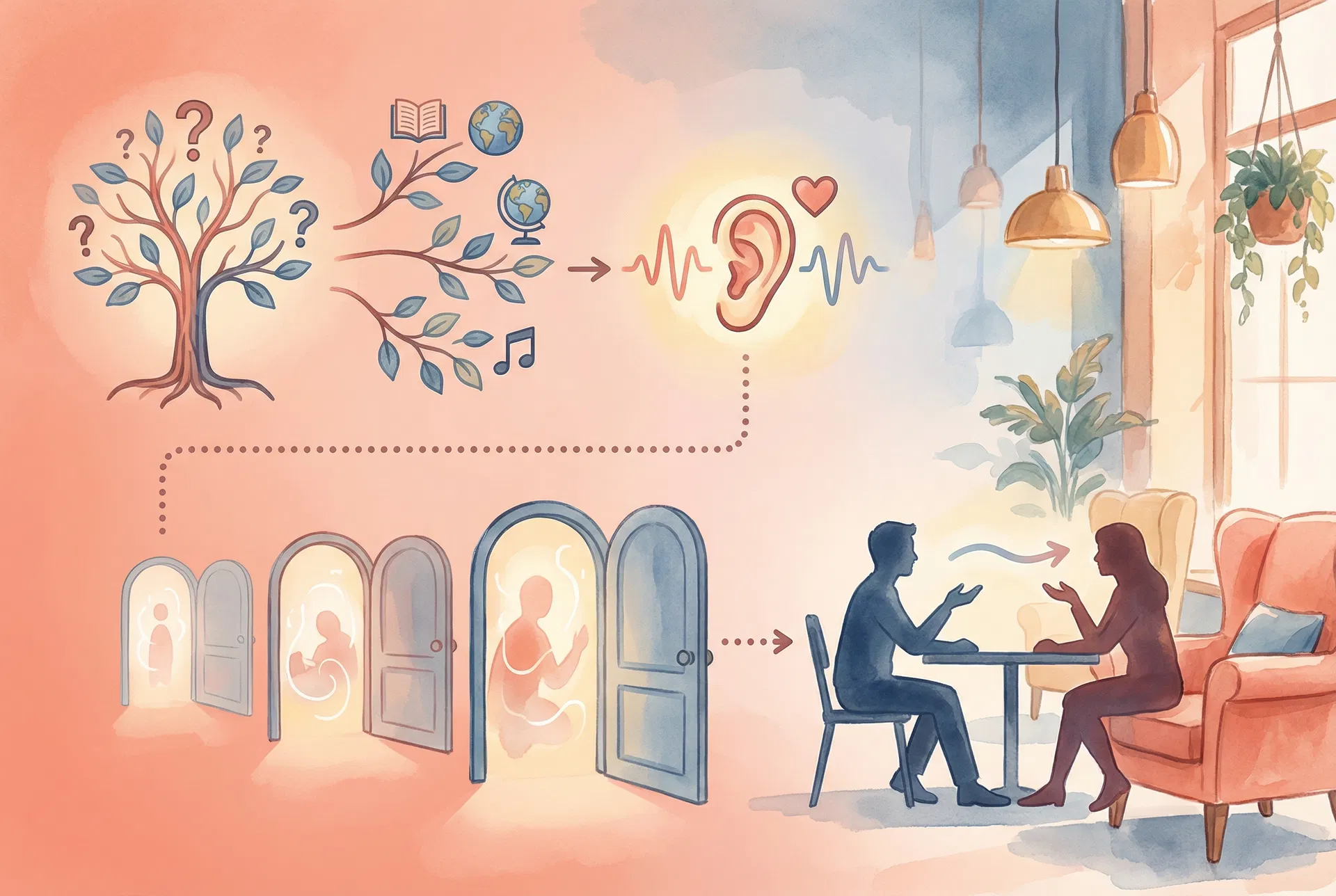 소개팅 대화 기술 인포그래픽: 개방형 질문, 적극적 경청, 자기 노출, 미러링