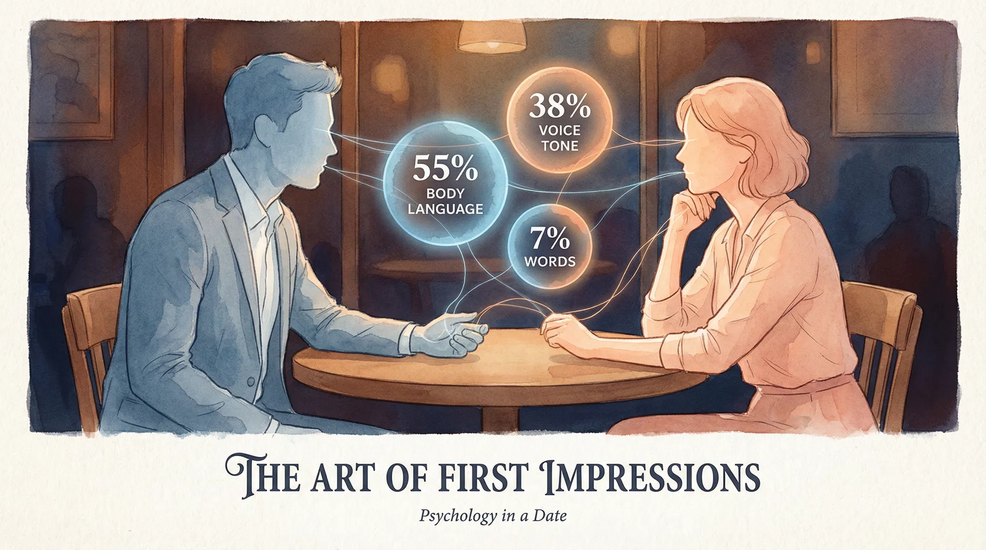 소개팅에서의 첫인상 형성 심리학: 비언어적 소통 55%, 목소리 톤 38%, 말의 내용 7% 비율을 보여주는 일러스트