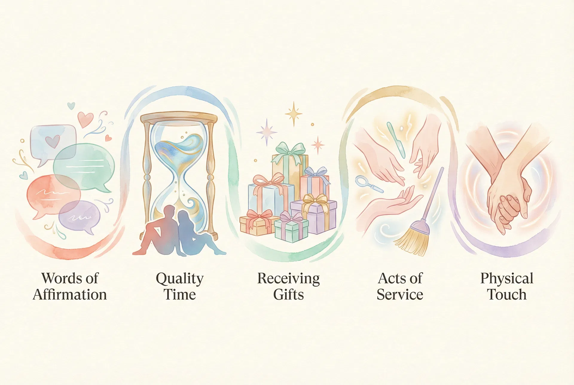 사랑의 5가지 언어 인포그래픽: 인정의 말, 함께하는 시간, 선물, 봉사, 스킨십