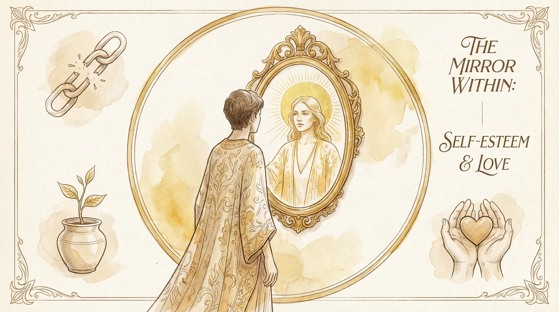 자존감과 연애의 관계를 표현한 일러스트: 거울 속 자신감 있는 모습과 자기 성장의 상징