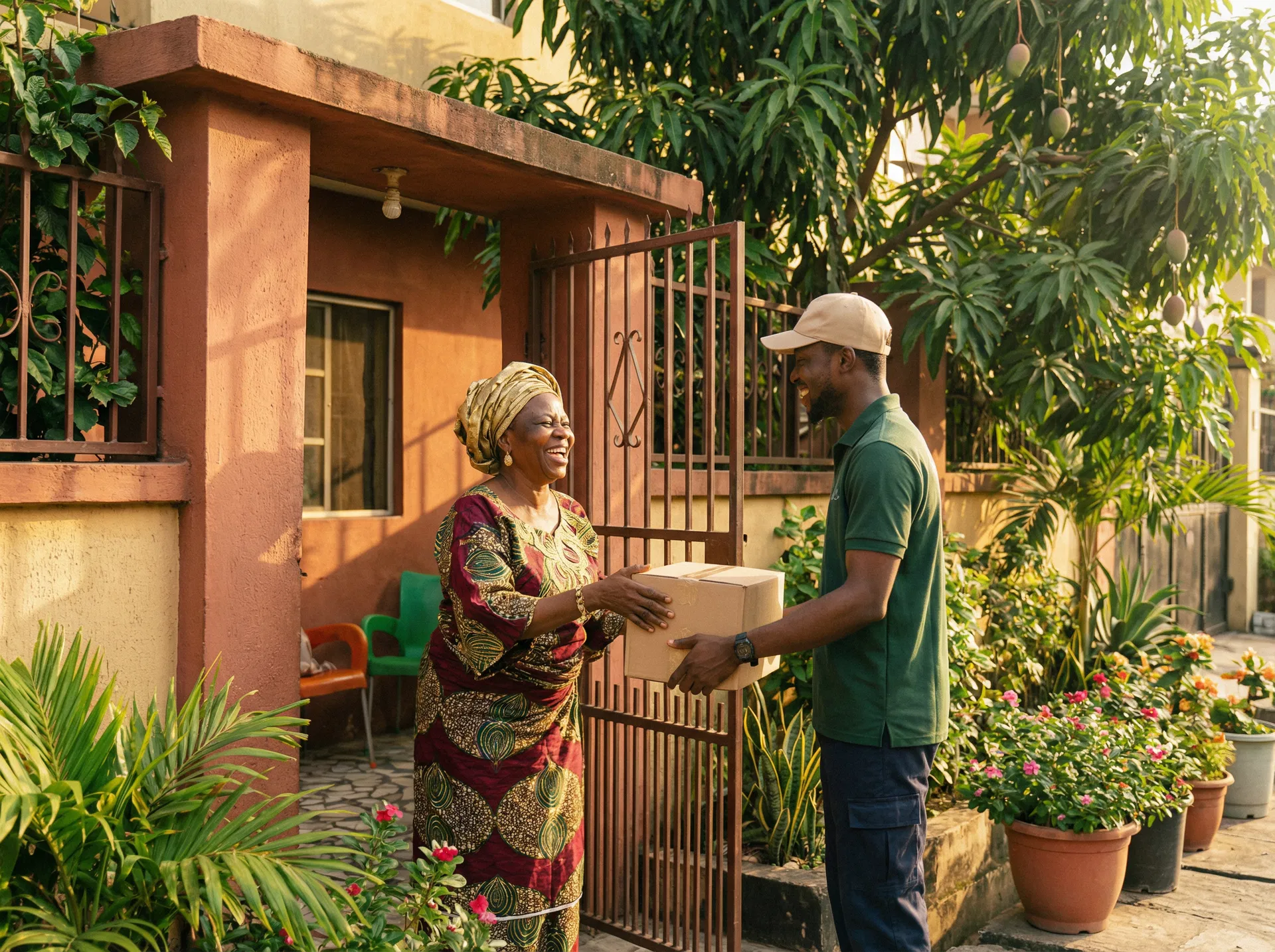 Package being delivered to a happy grandmother at her door in Lagos