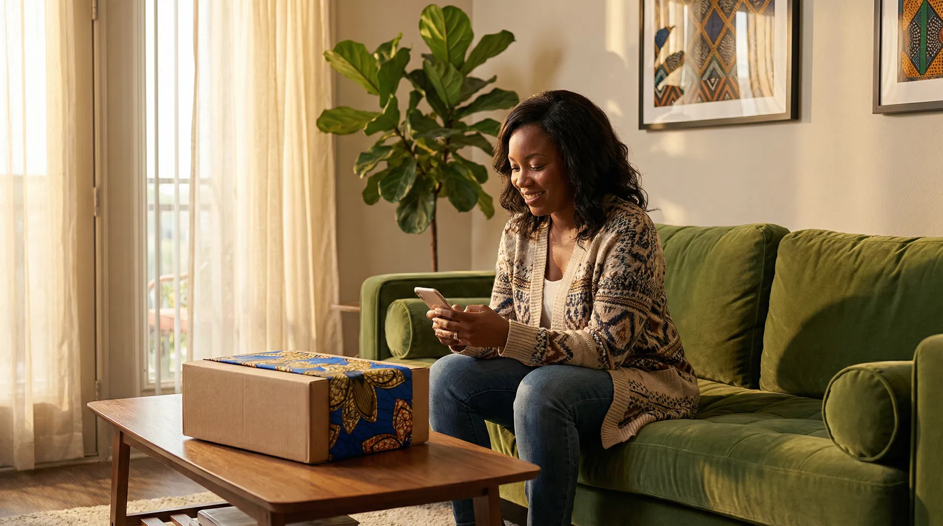 Nigerian-American woman scheduling a shipment from her couch in Houston