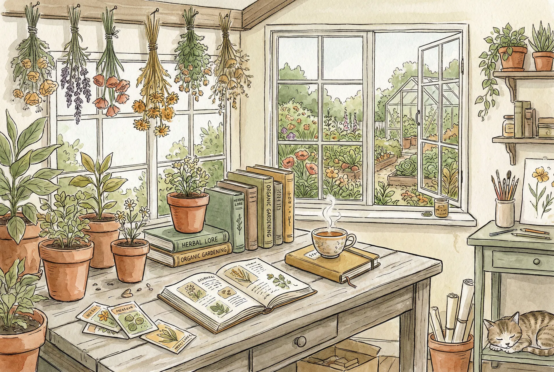 A cozy garden workspace with plants, books, and herbal tea
