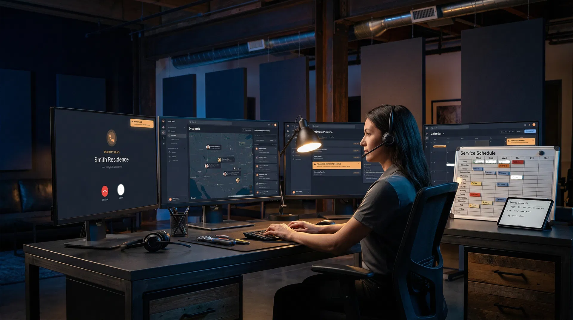 Operations coordinator managing dispatch screens and service schedule