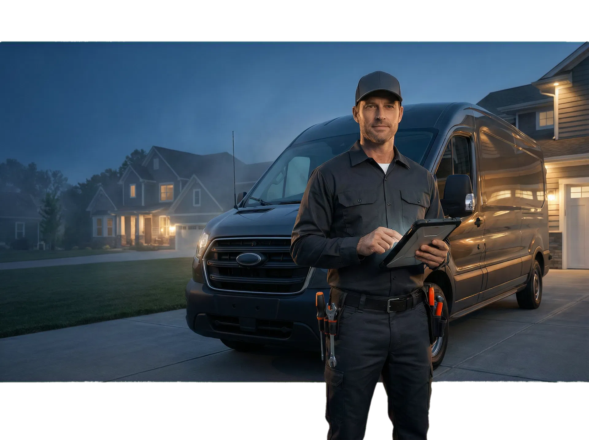 HVAC technician standing beside a service van outside a residential home