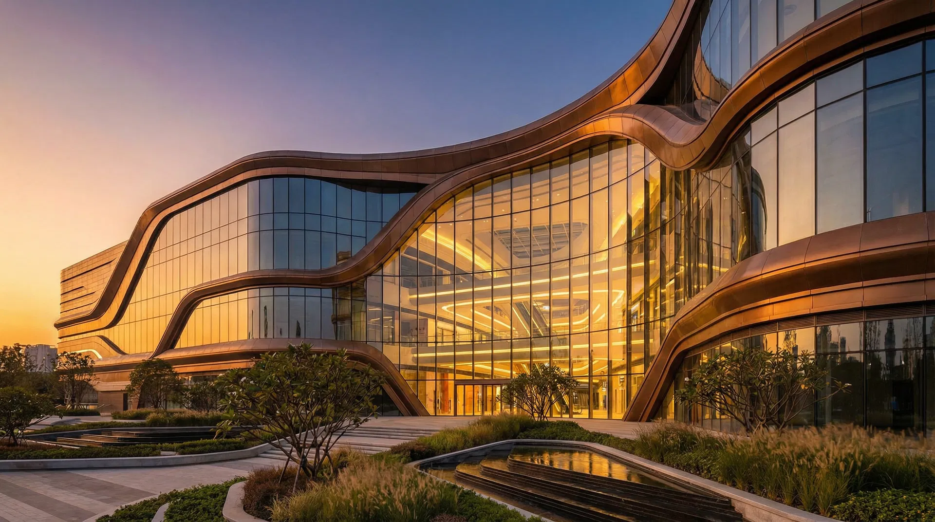 Modern award-winning shopping mall exterior with data analytics overlay