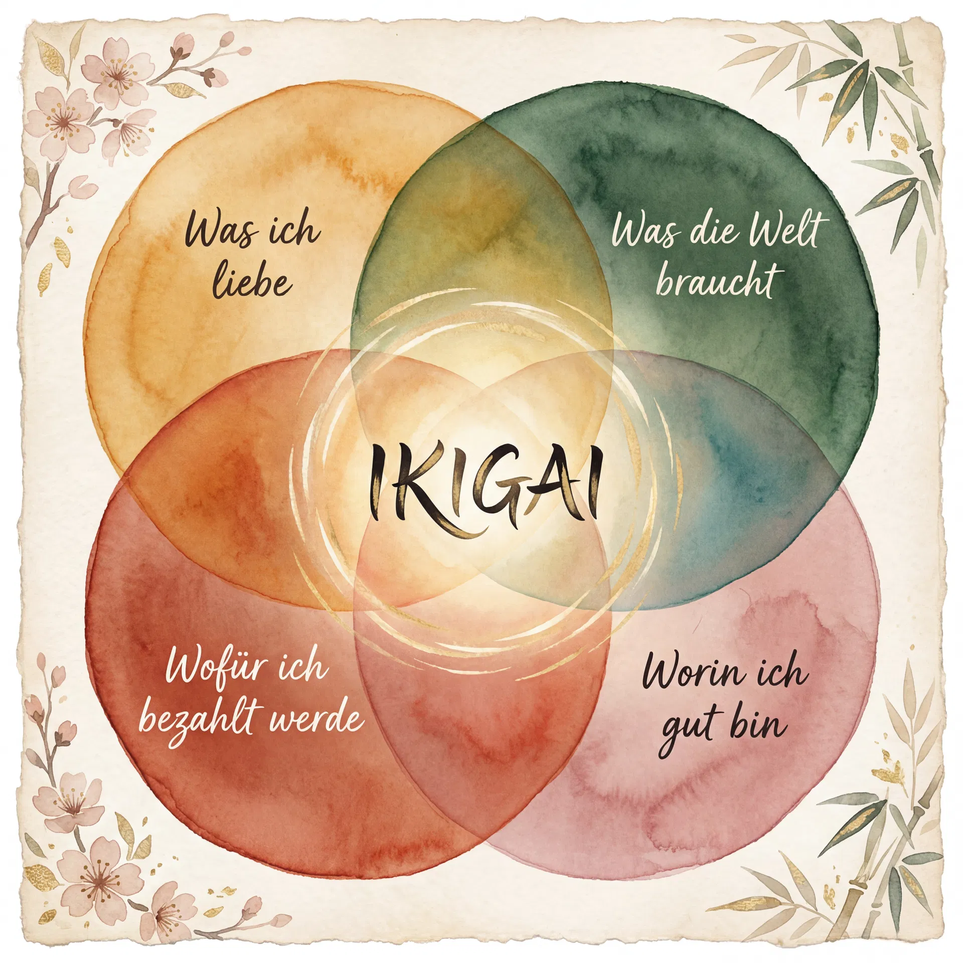 IKIGAI Venn-Diagramm mit vier überlappenden Kreisen