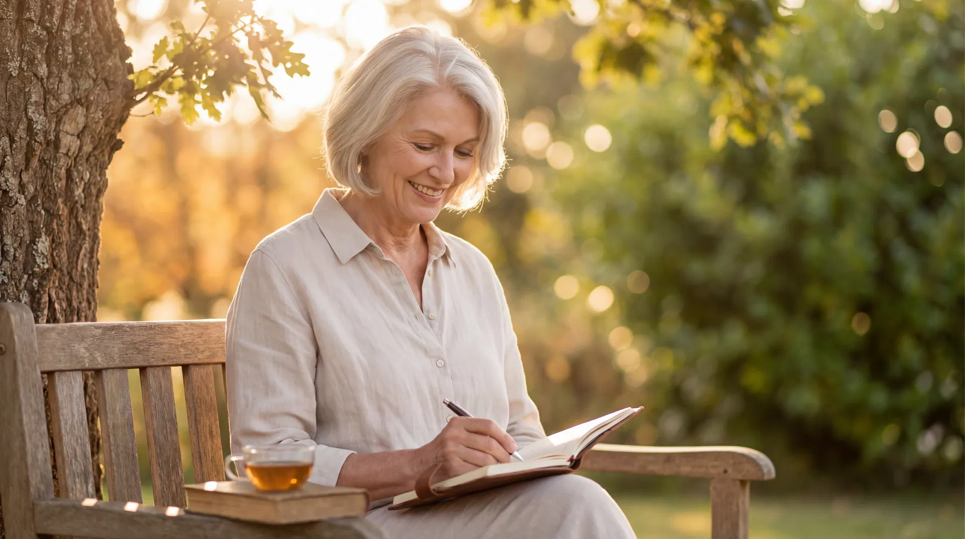 Frau im goldenen Licht schreibt in ihr Tagebuch