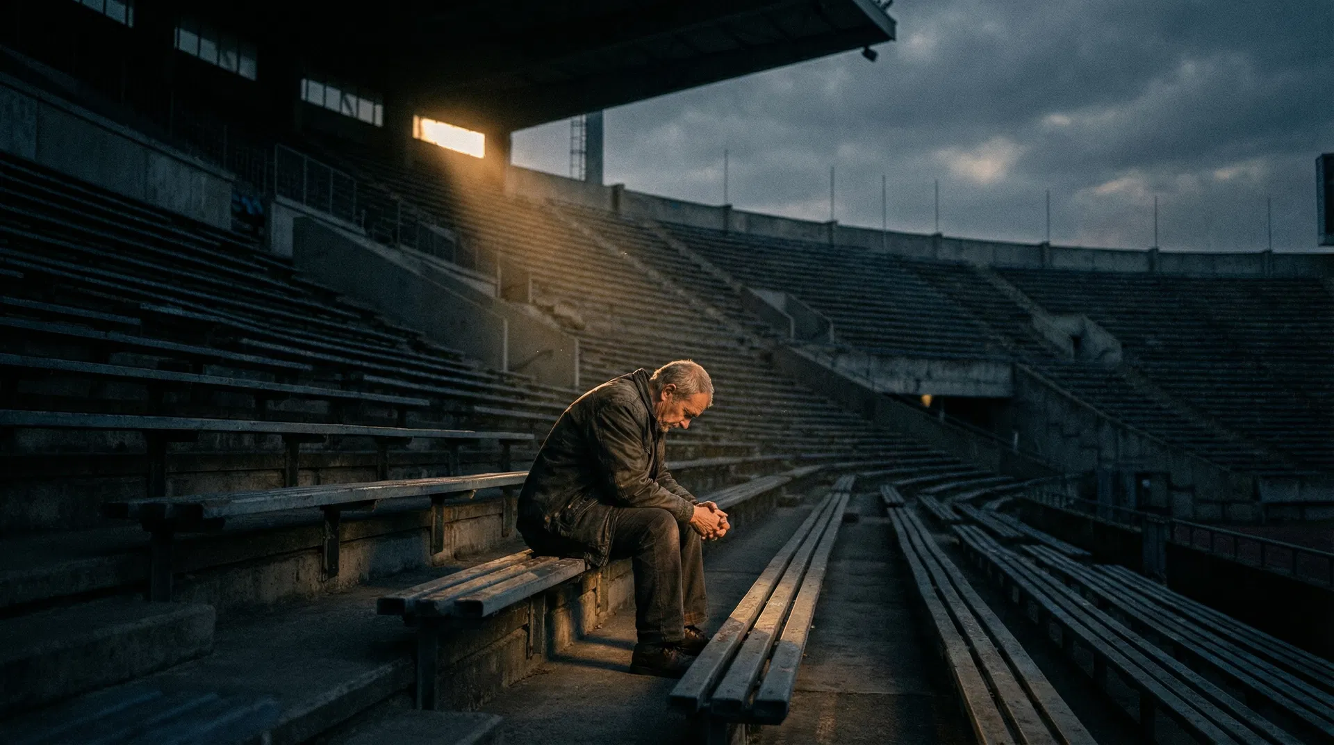 Retired athlete alone in an empty stadium