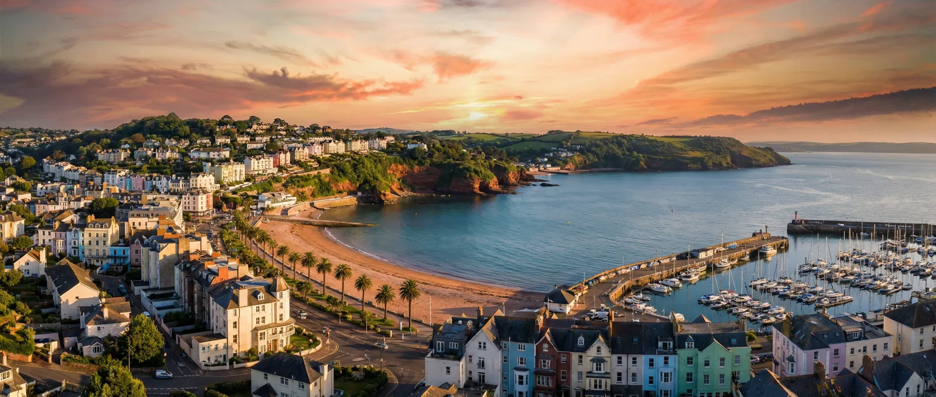 Torquay harbour and coastline in Devon at sunset