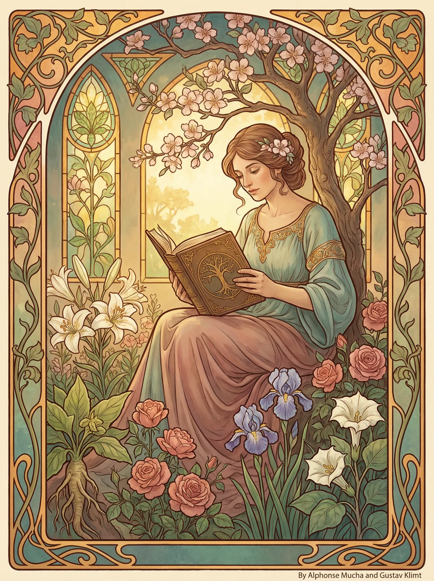 A mother reading in a sacred garden