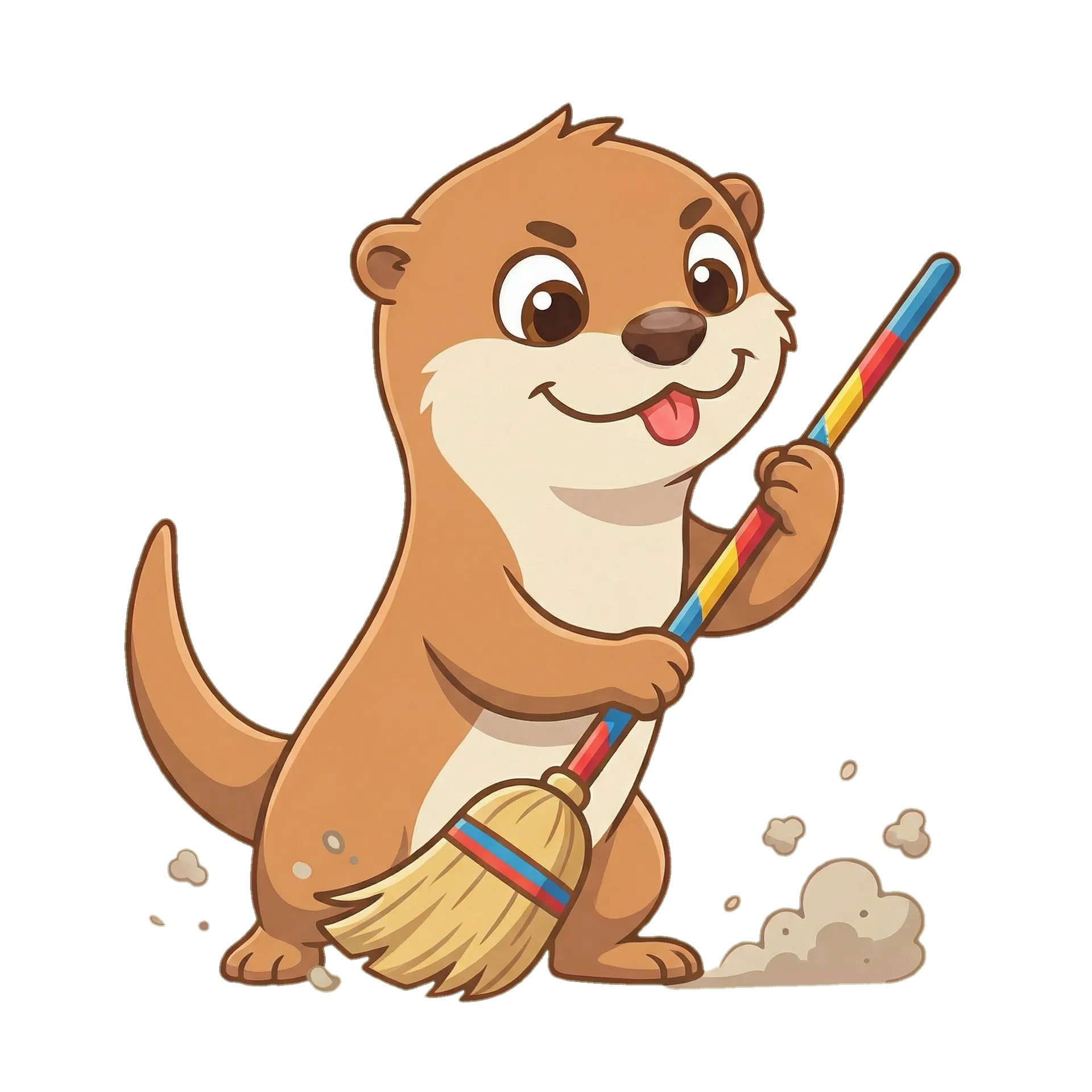 Otter sweeping with a broom
