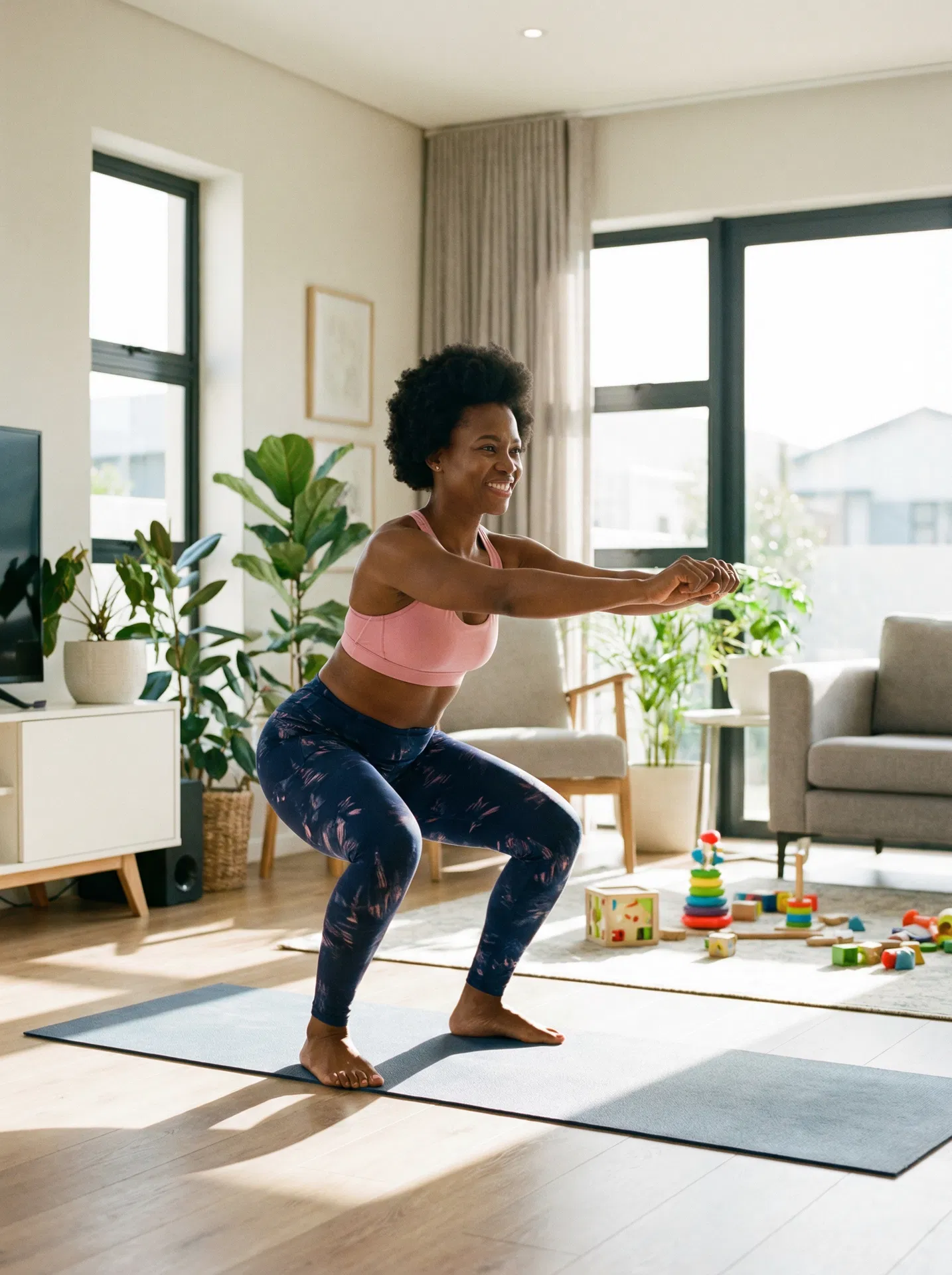 South African mom working out at home