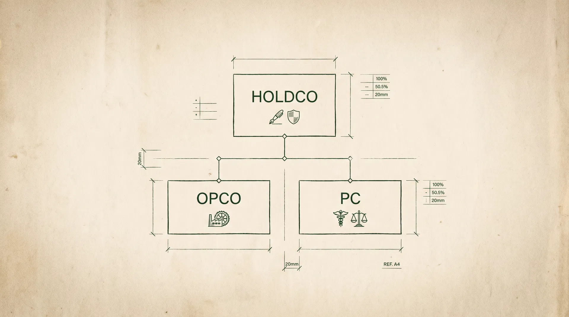 A blueprint-style diagram showing a Holdco at the top connected to an Opco and a PC.