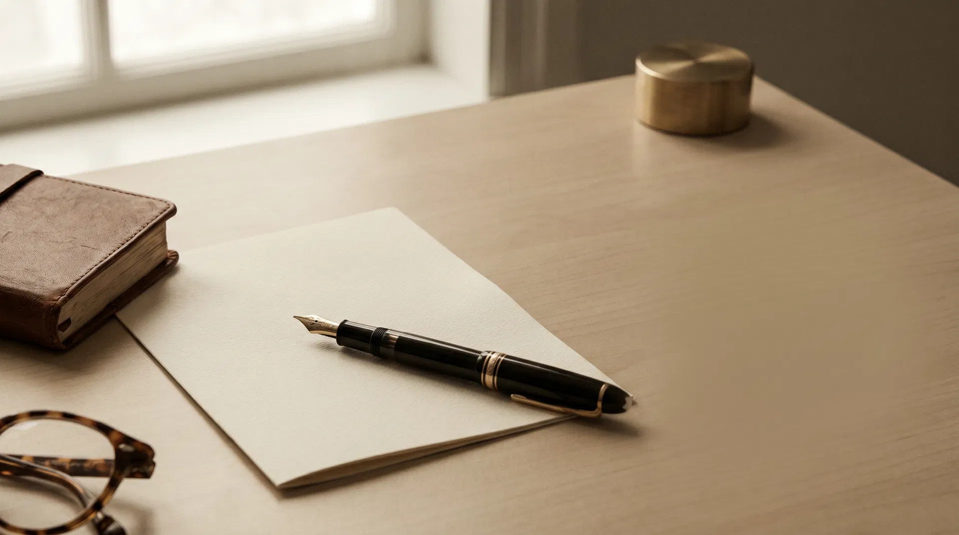A fountain pen on folded ivory paper
