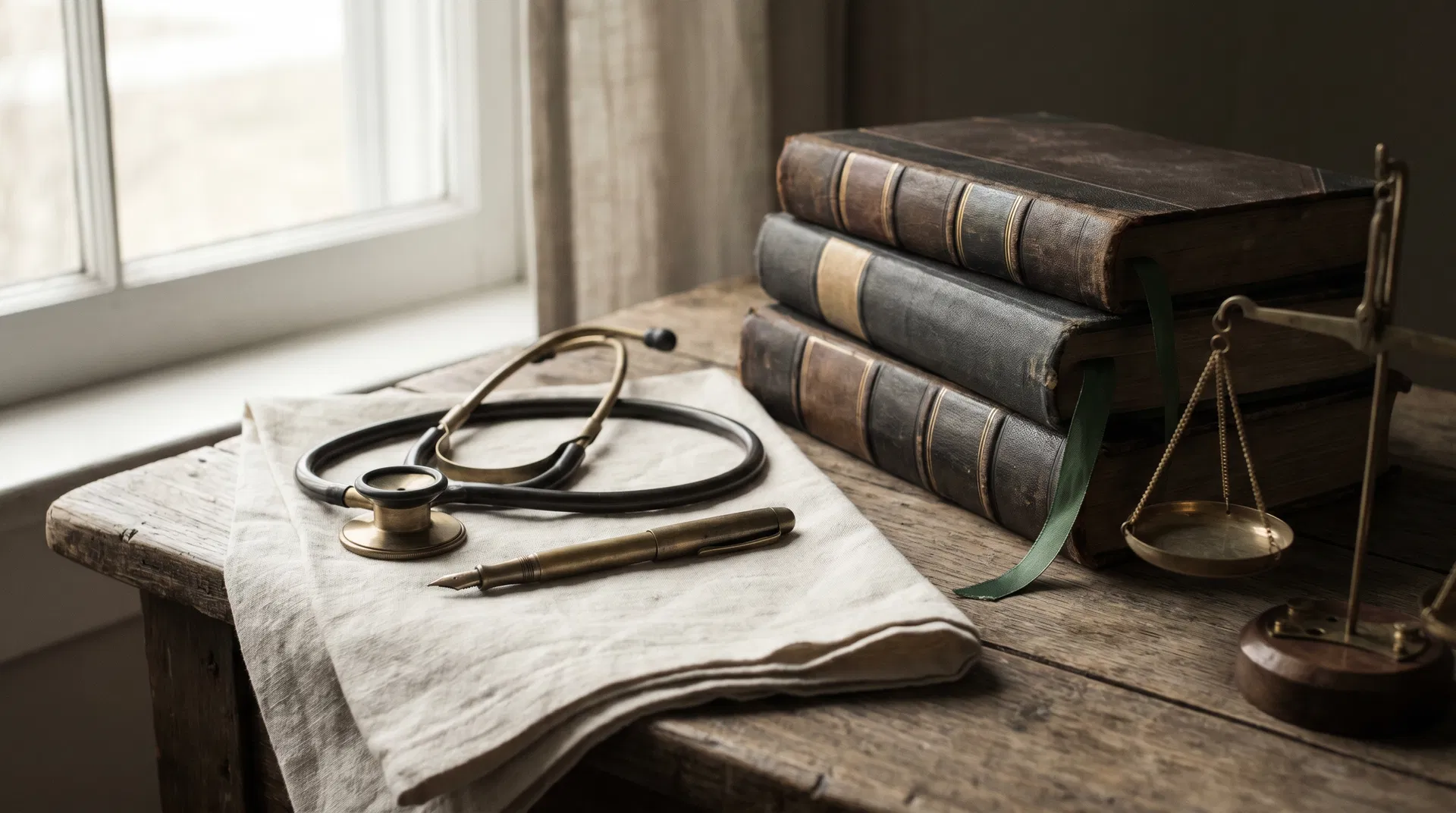 Stethoscope and law books on a wooden desk