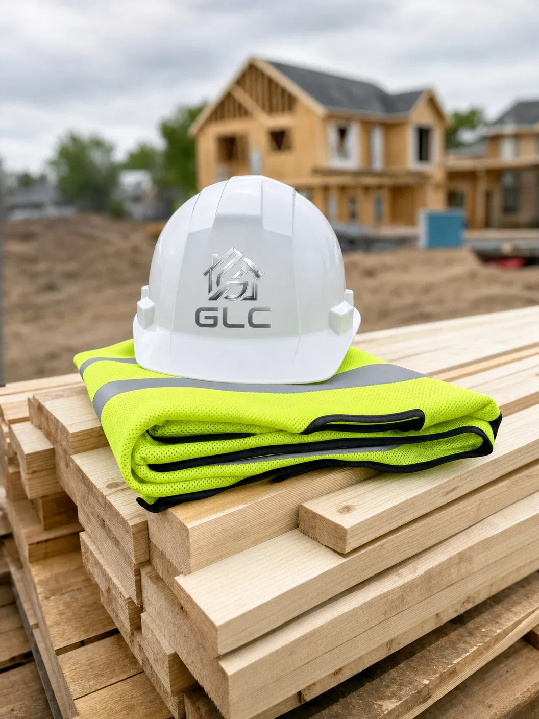 GLC Construction hard hat and safety vest on lumber pallet