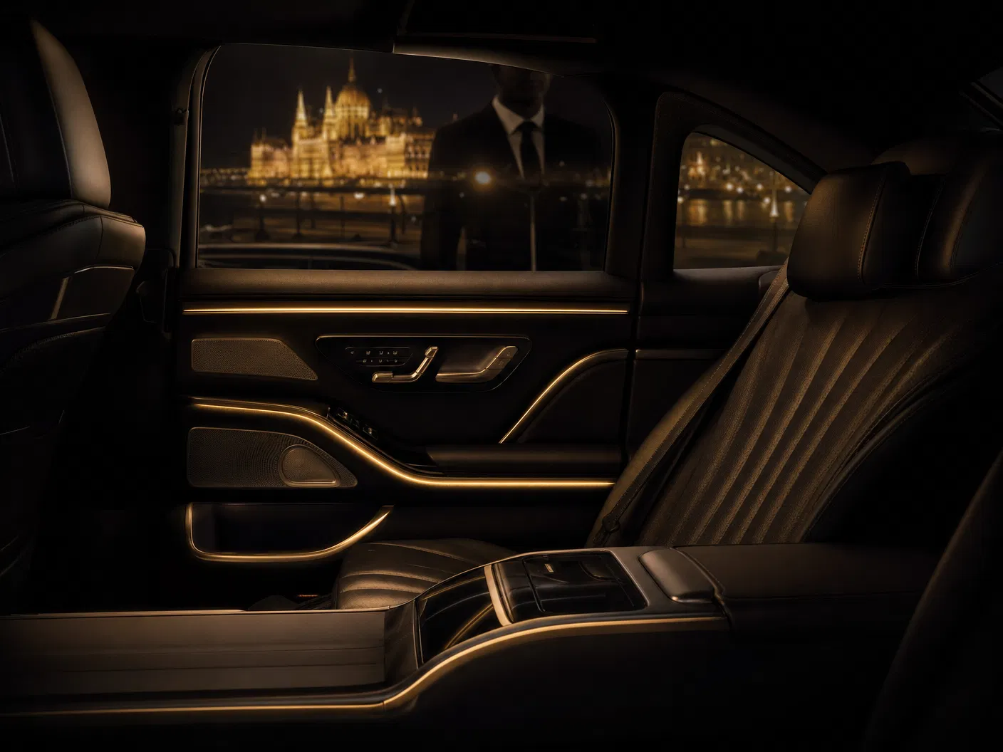 Mercedes S-Class belső – VIP executive chauffeur service Budapest, Champions League transfer