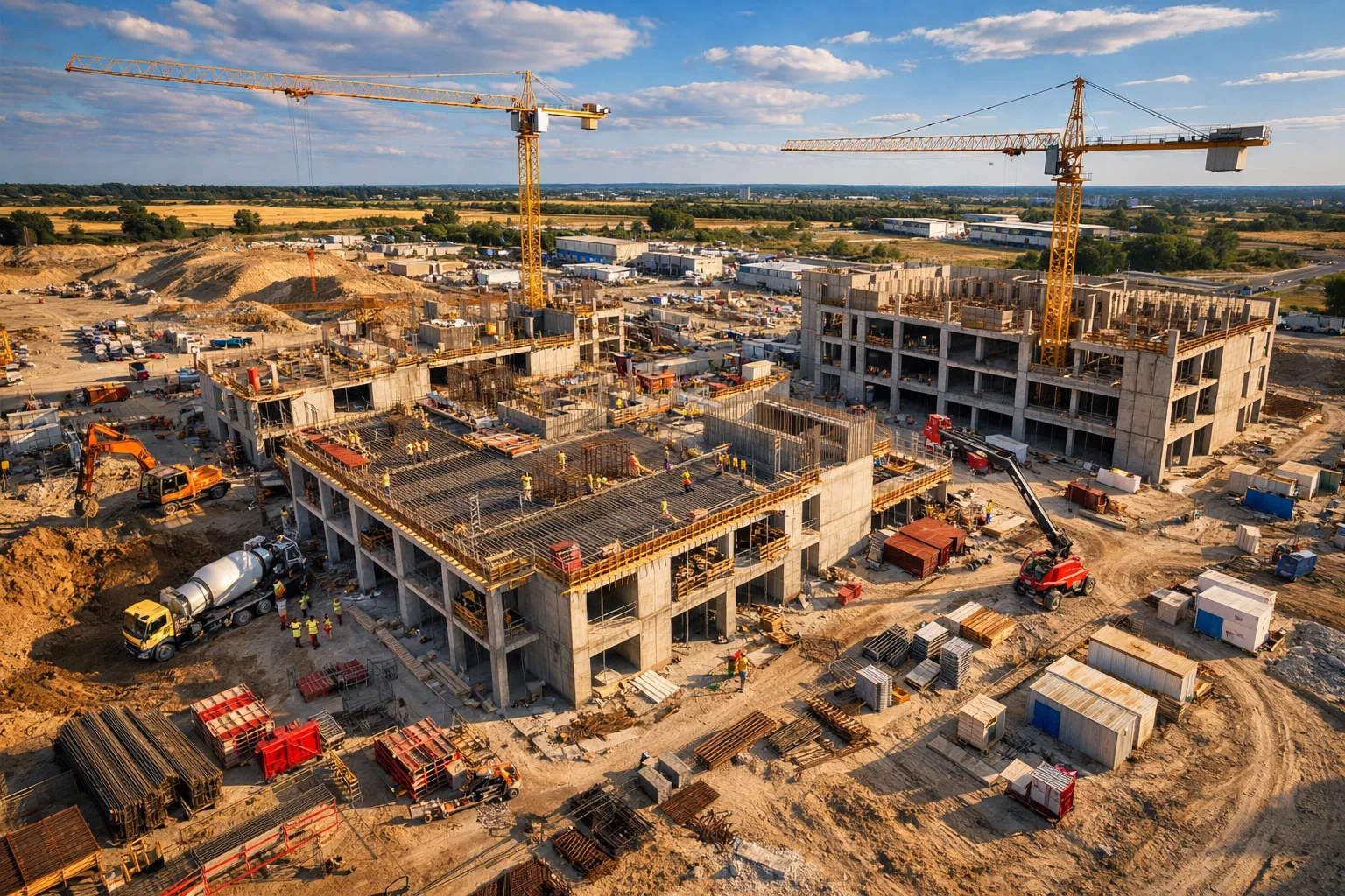 Chantier Industriel — Vue Oblique - Vue oblique d'un grand chantier industriel, grues et structures en béton en cours de réalisation. - Aérofly Studio
