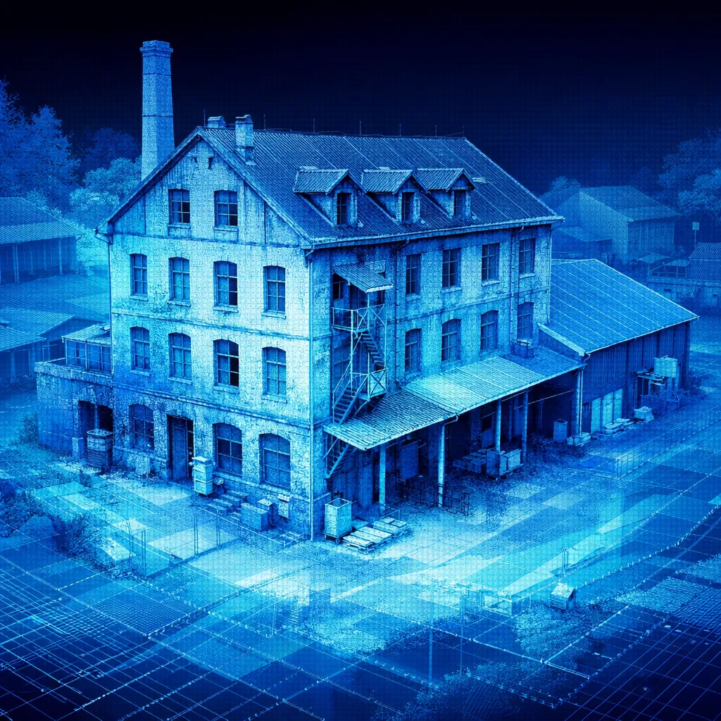 Scan 3D — Modélisation Numérique - Reconstitution 3D d'un bâtiment industriel par photogrammétrie, nuage de points coloré. - Aérofly Studio