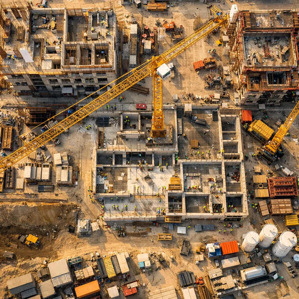 Suivi de Chantier BTP - Vue zénithale d'un chantier de construction en cours, organisation et avancement des travaux. - Aérofly Studio