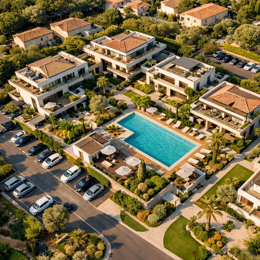 Résidence de Prestige - Vue aérienne d'un ensemble résidentiel haut de gamme avec piscine et jardins paysagers. - Aérofly Studio