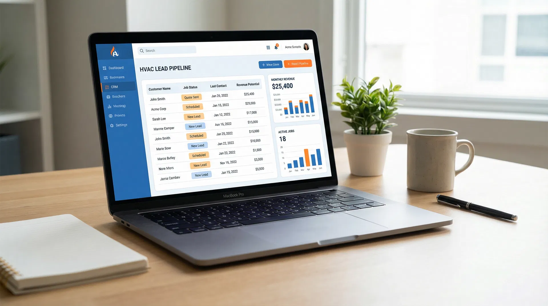 HVAC lead pipeline CRM dashboard on a laptop screen