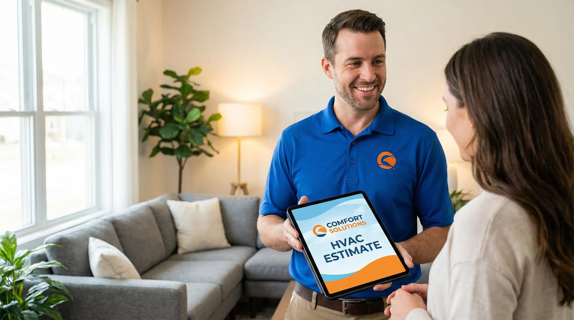HVAC contractor showing a digital estimate on a tablet to a homeowner