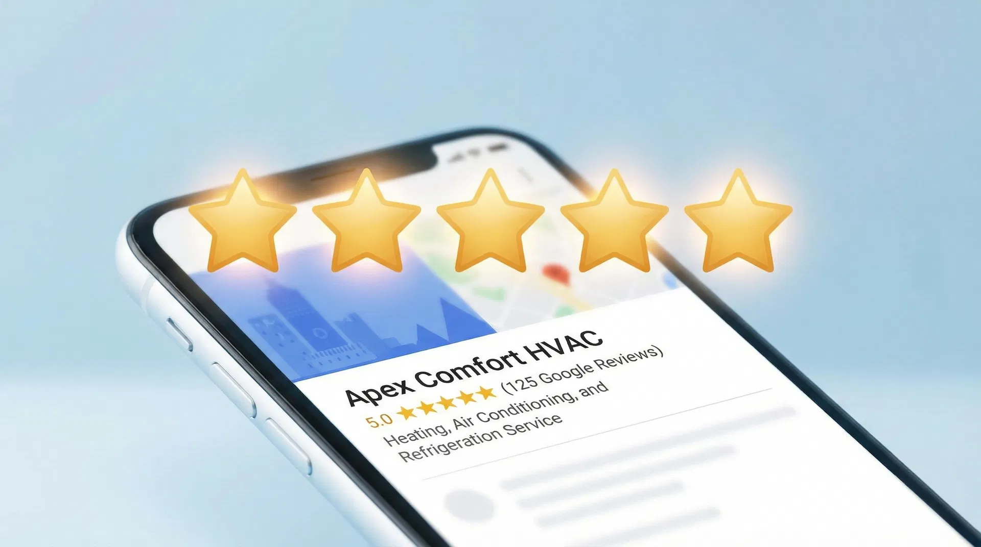 Smartphone showing a 5-star Google review for an HVAC company
