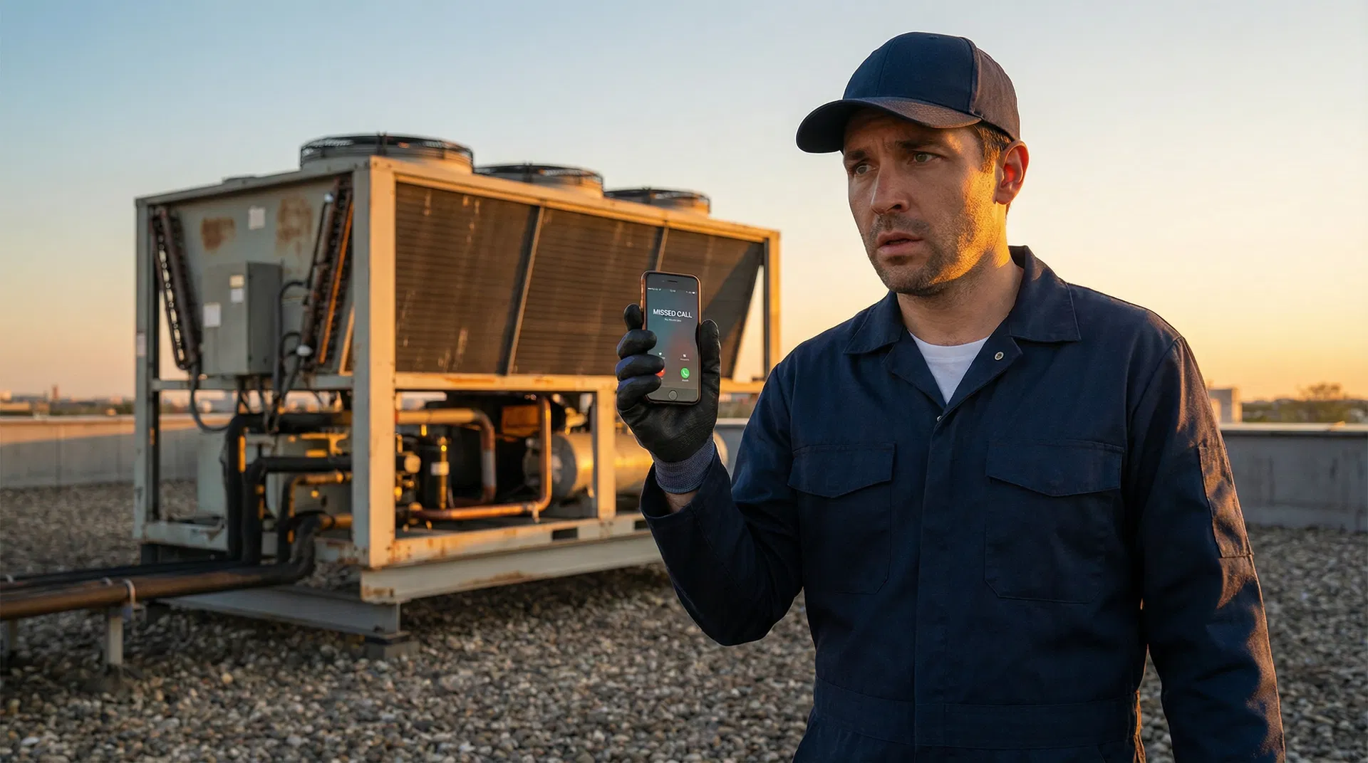 HVAC technician on rooftop looking at a missed call on his phone