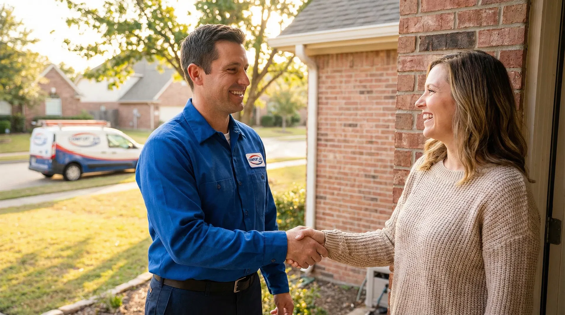 HVAC technician shaking hands with a happy homeowner at their front door