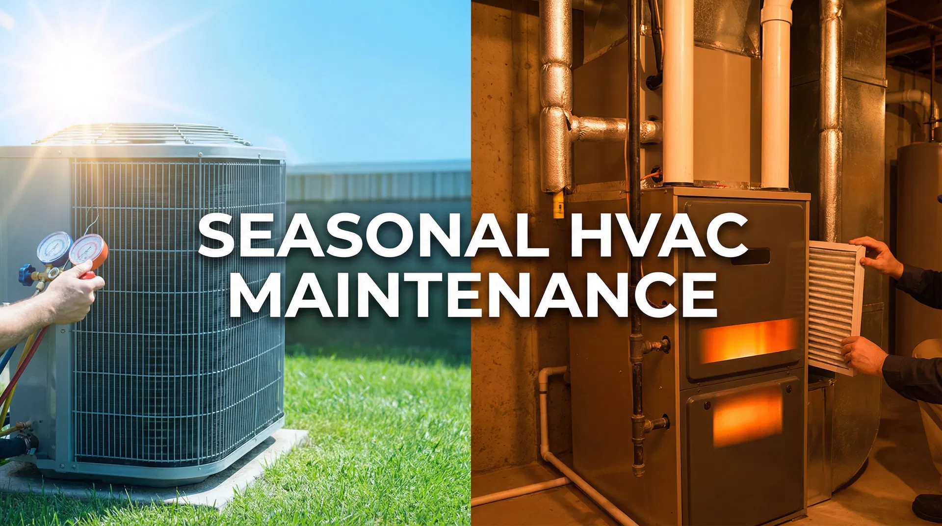 Split image showing summer AC unit and winter furnace for seasonal HVAC maintenance
