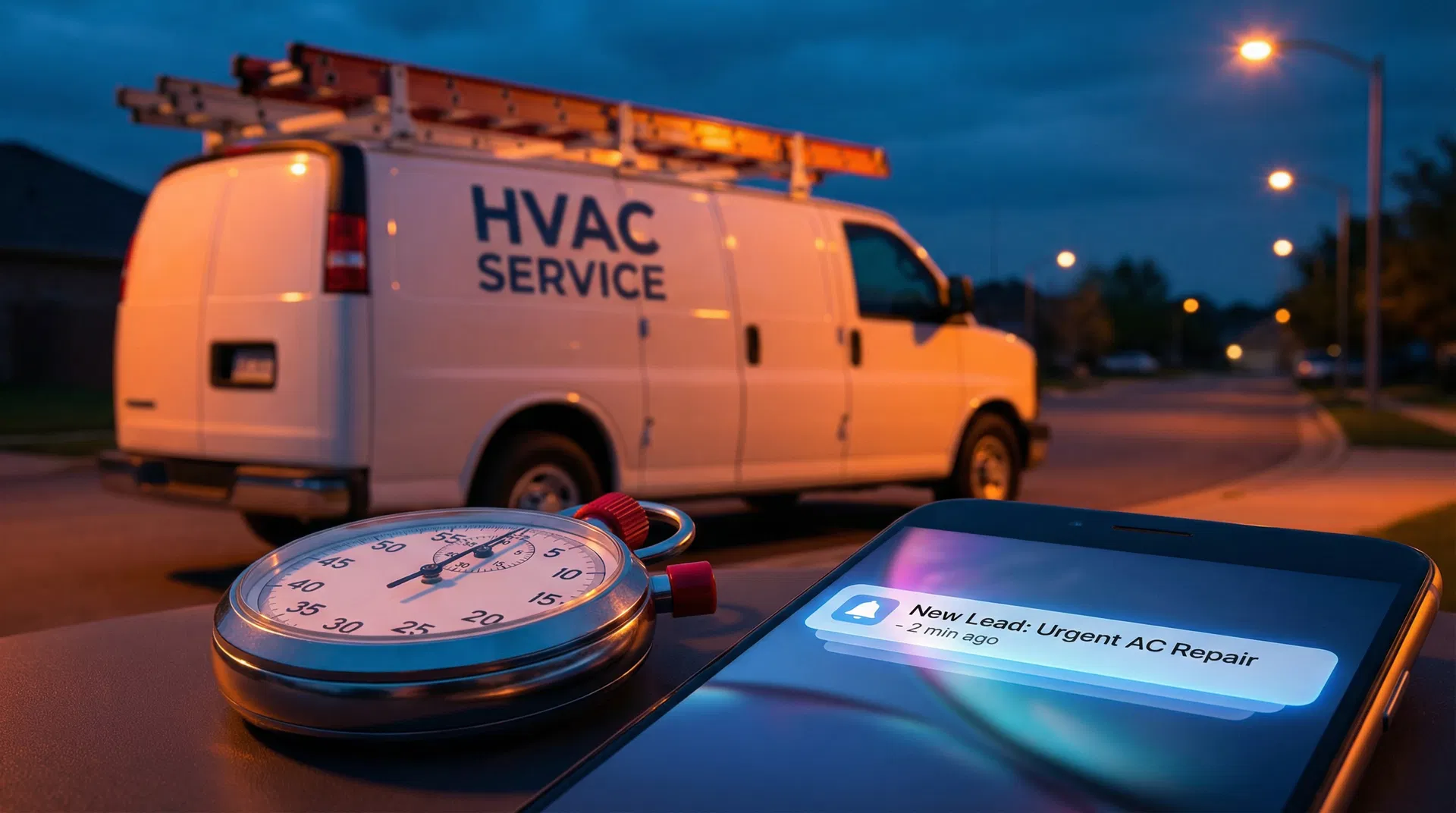 Stopwatch and smartphone showing a new HVAC lead notification beside a service van