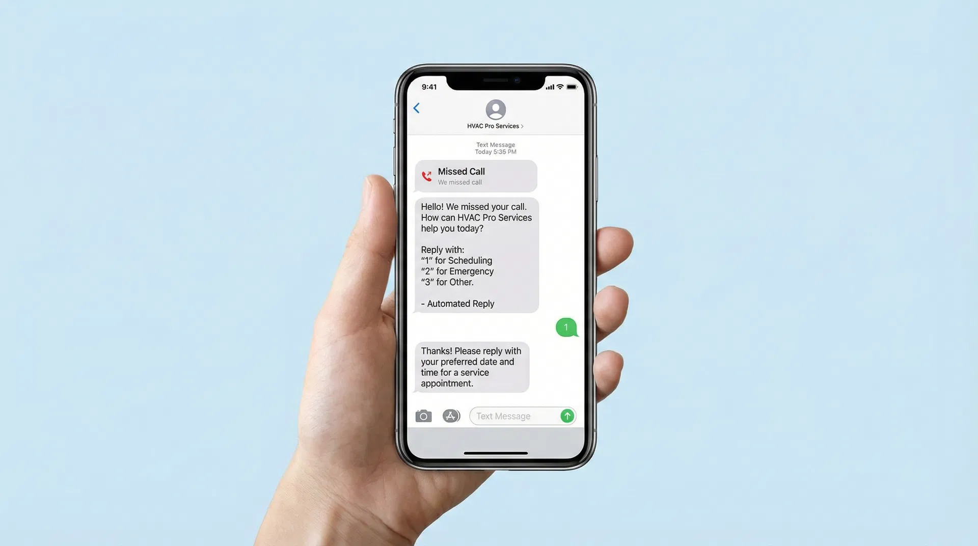 Smartphone showing an automated SMS text-back conversation after a missed HVAC call