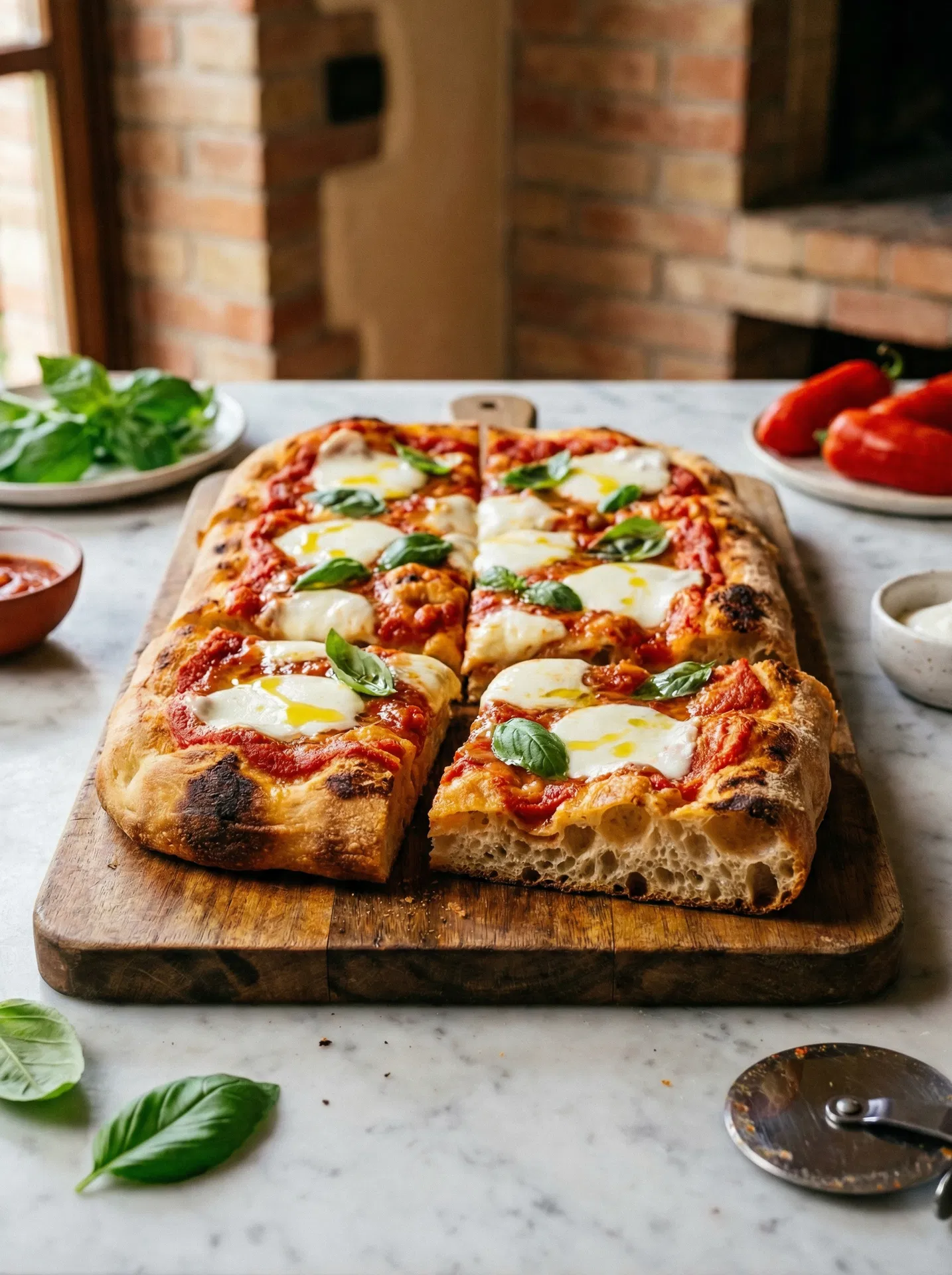 Pizza al taglio on wooden board