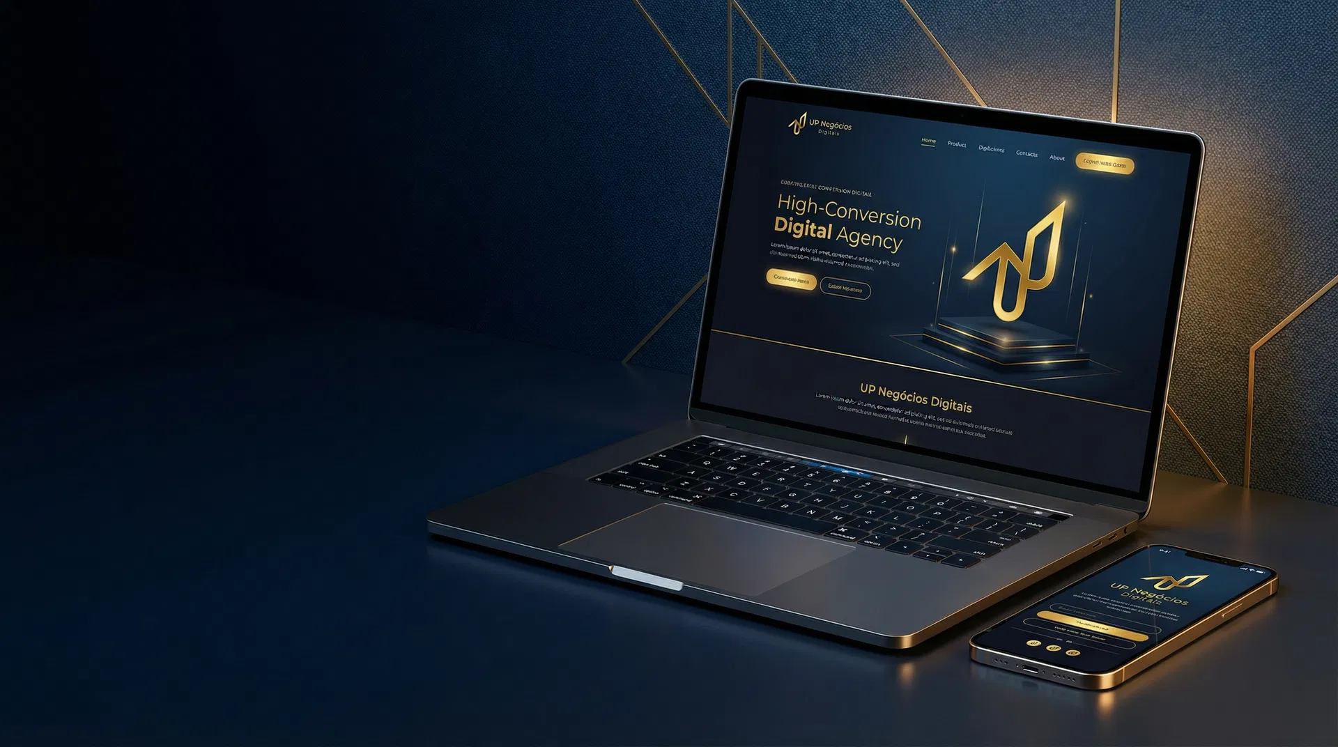 Mockup premium de notebook e smartphone com a identidade visual da UP Negócios Digitais