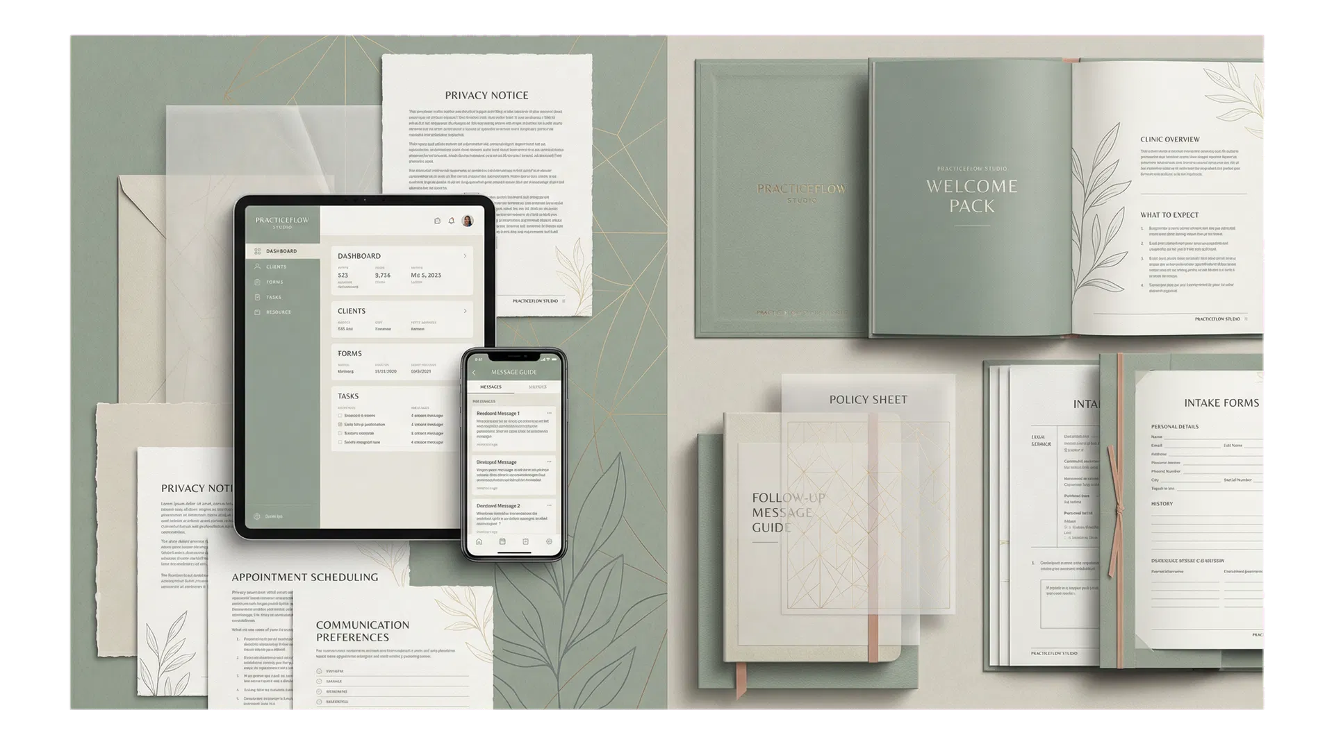 PracticeFlow Studio hero composition with welcome pack documents, intake forms, and practice workflow devices
